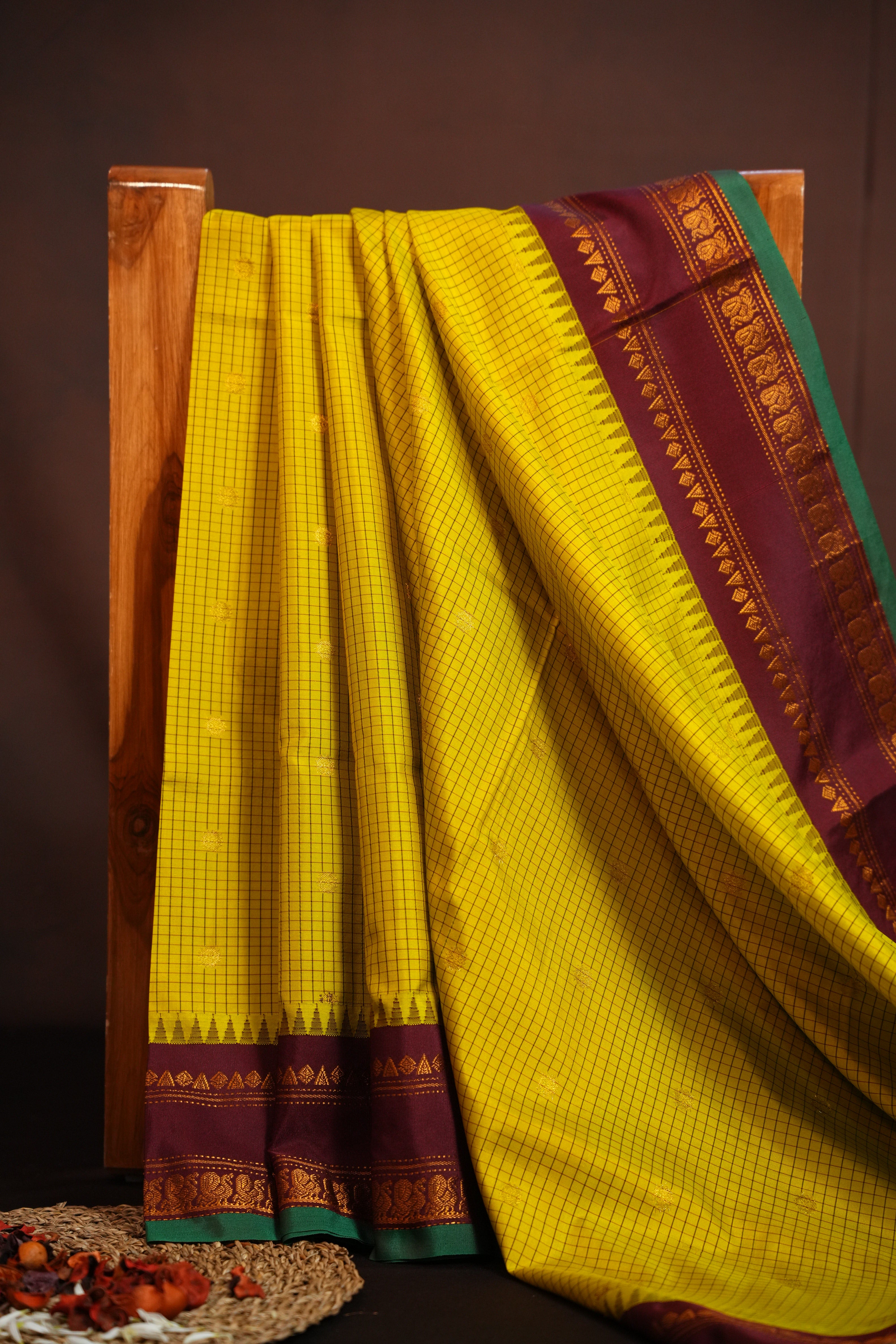 Yellow Checks Gadwal Silk Saree with Maroon Zari Border