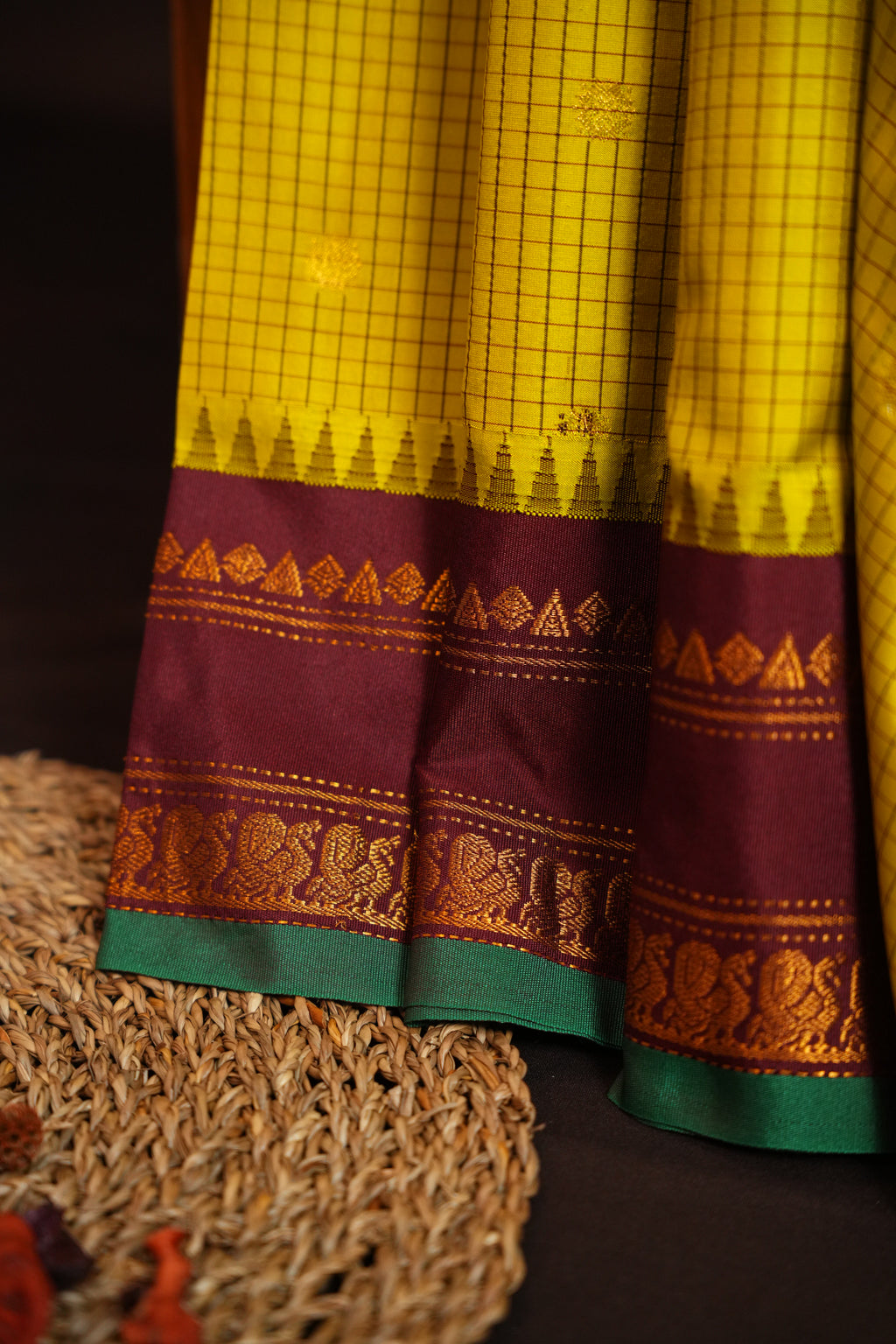 Yellow Checks Gadwal Silk Saree with Maroon Zari Border