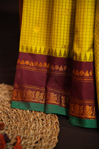 Yellow Checks Gadwal Silk Saree with Maroon Zari Border