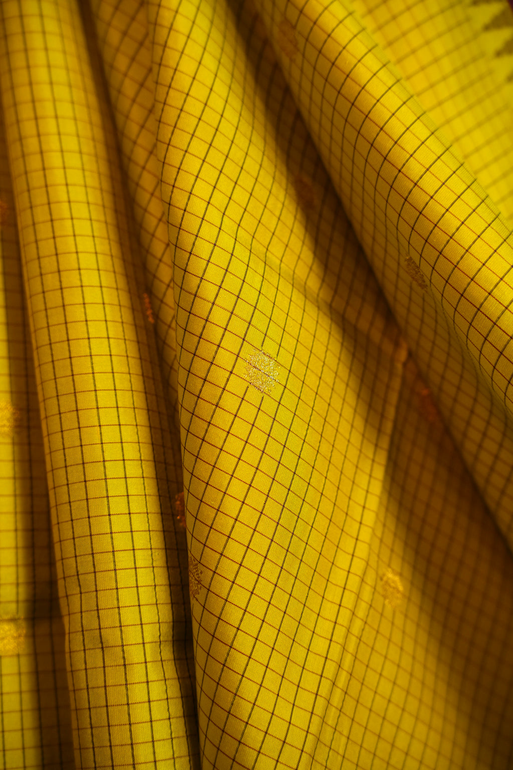 Yellow Checks Gadwal Silk Saree with Maroon Zari Border