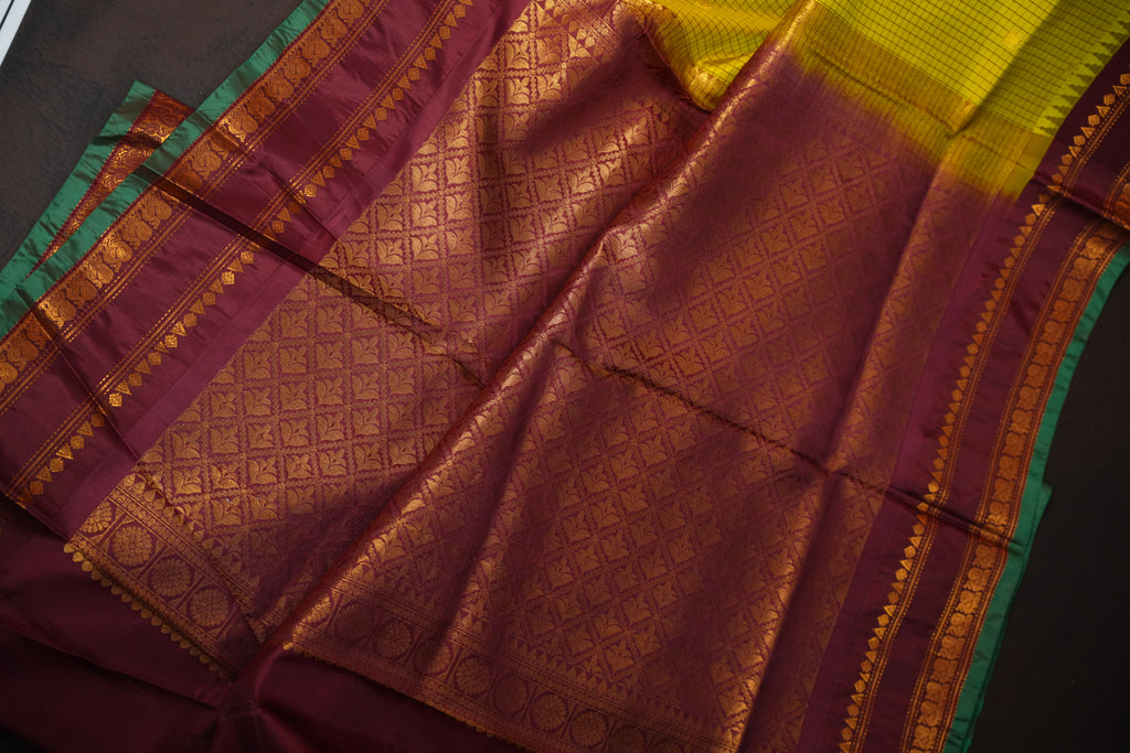 Yellow Checks Gadwal Silk Saree with Maroon Zari Border