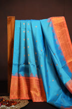 Sky Blue Gadwal Silk Saree with Peach Zari Border