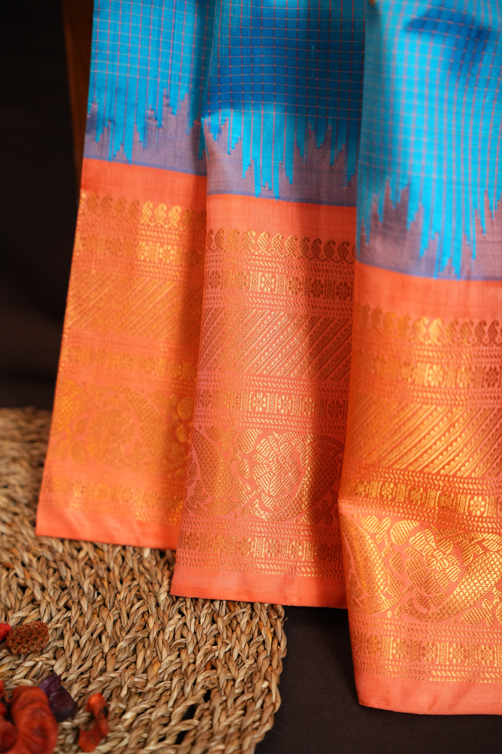 Sky Blue Gadwal Silk Saree with Peach Zari Border