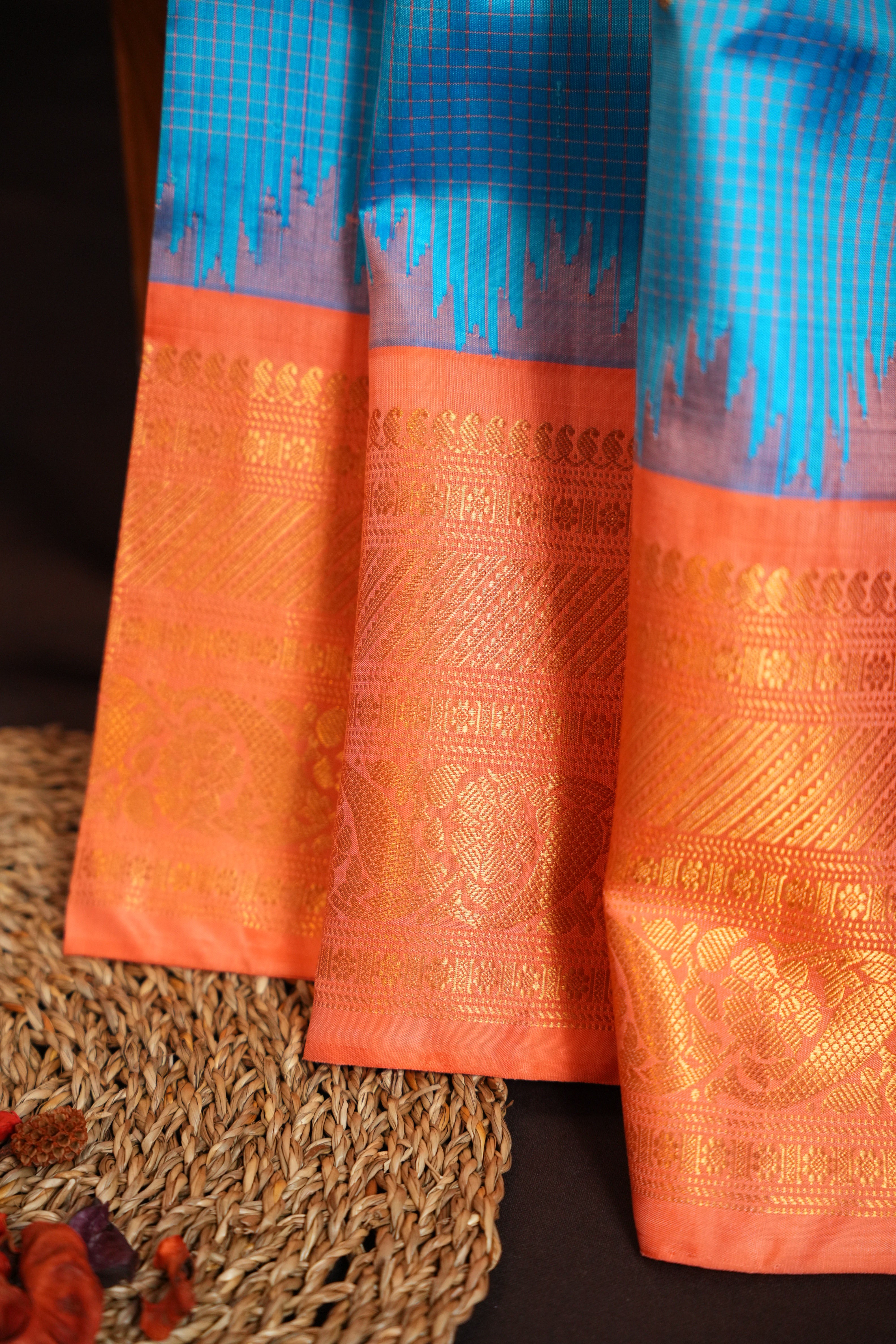 Sky Blue Gadwal Silk Saree with Peach Zari Border