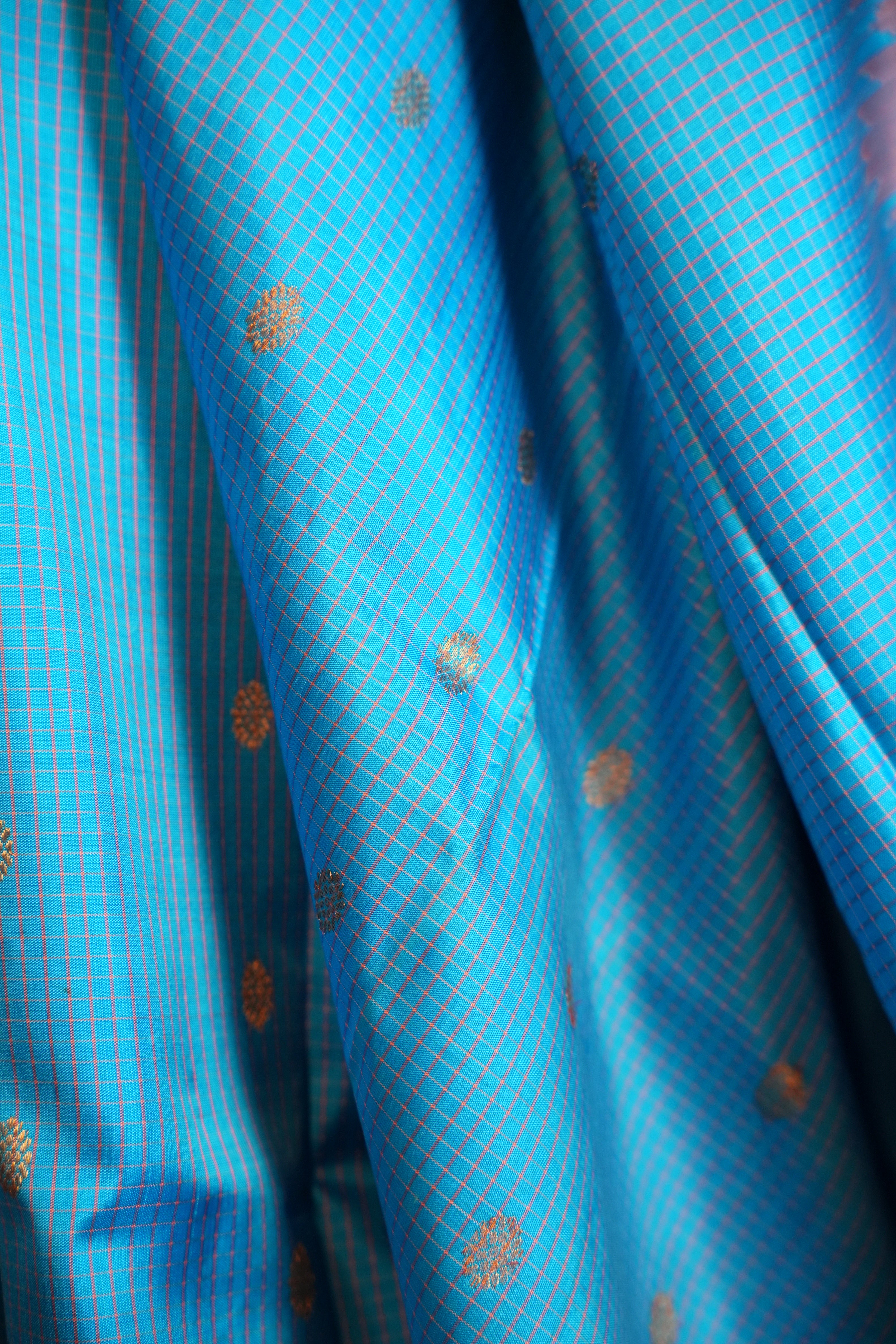Sky Blue Gadwal Silk Saree with Peach Zari Border
