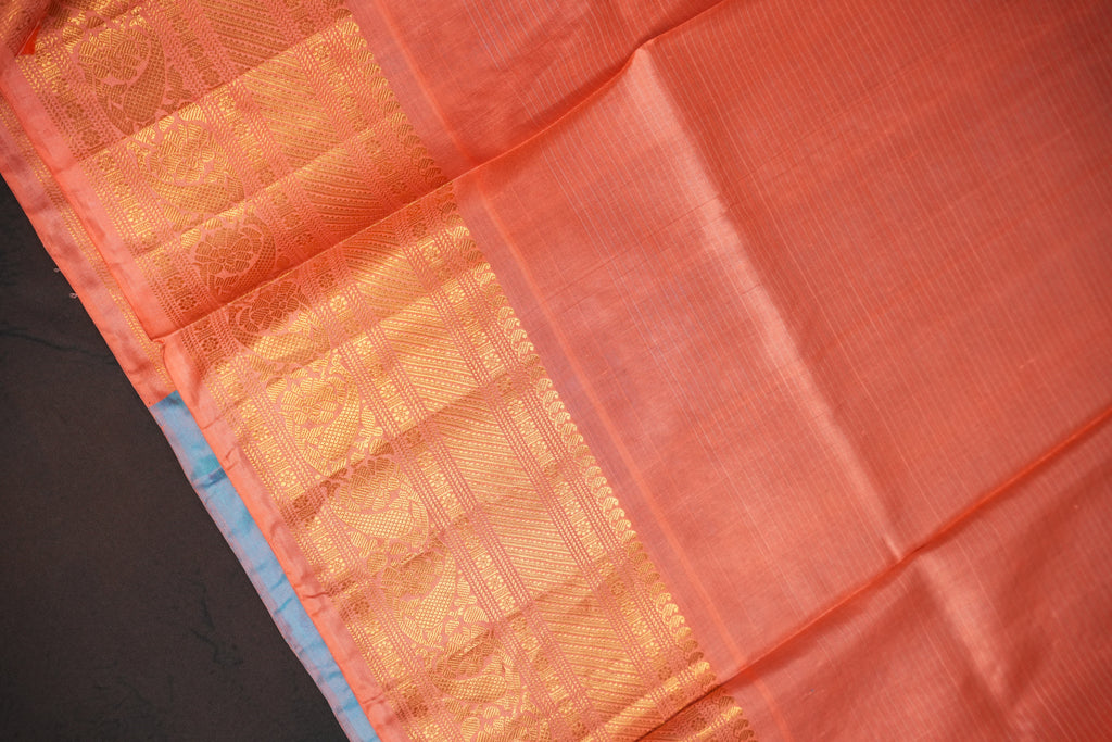 Sky Blue Gadwal Silk Saree with Peach Zari Border