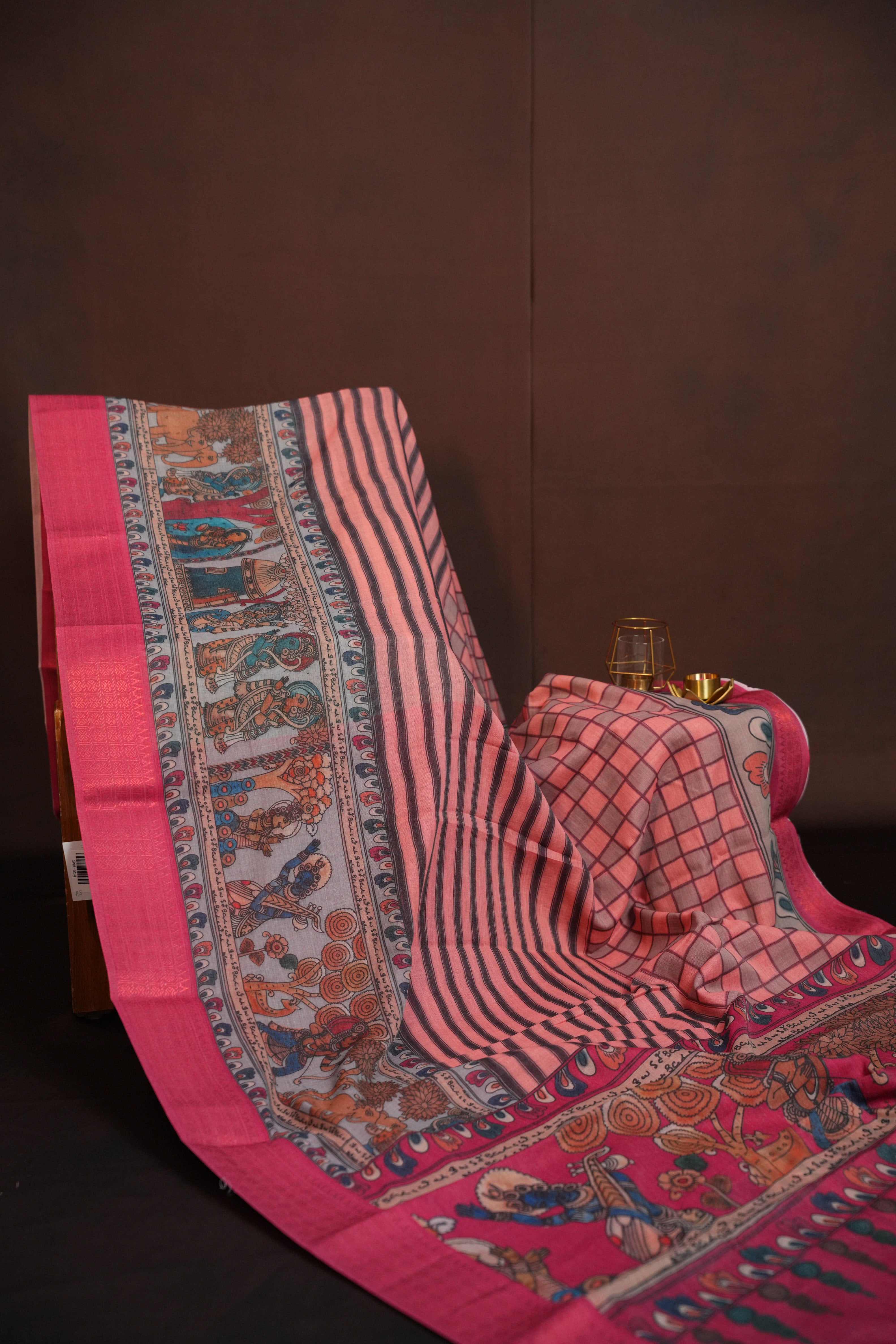 Kalamkari Inspired Cotton Saree with Copper Zari Border