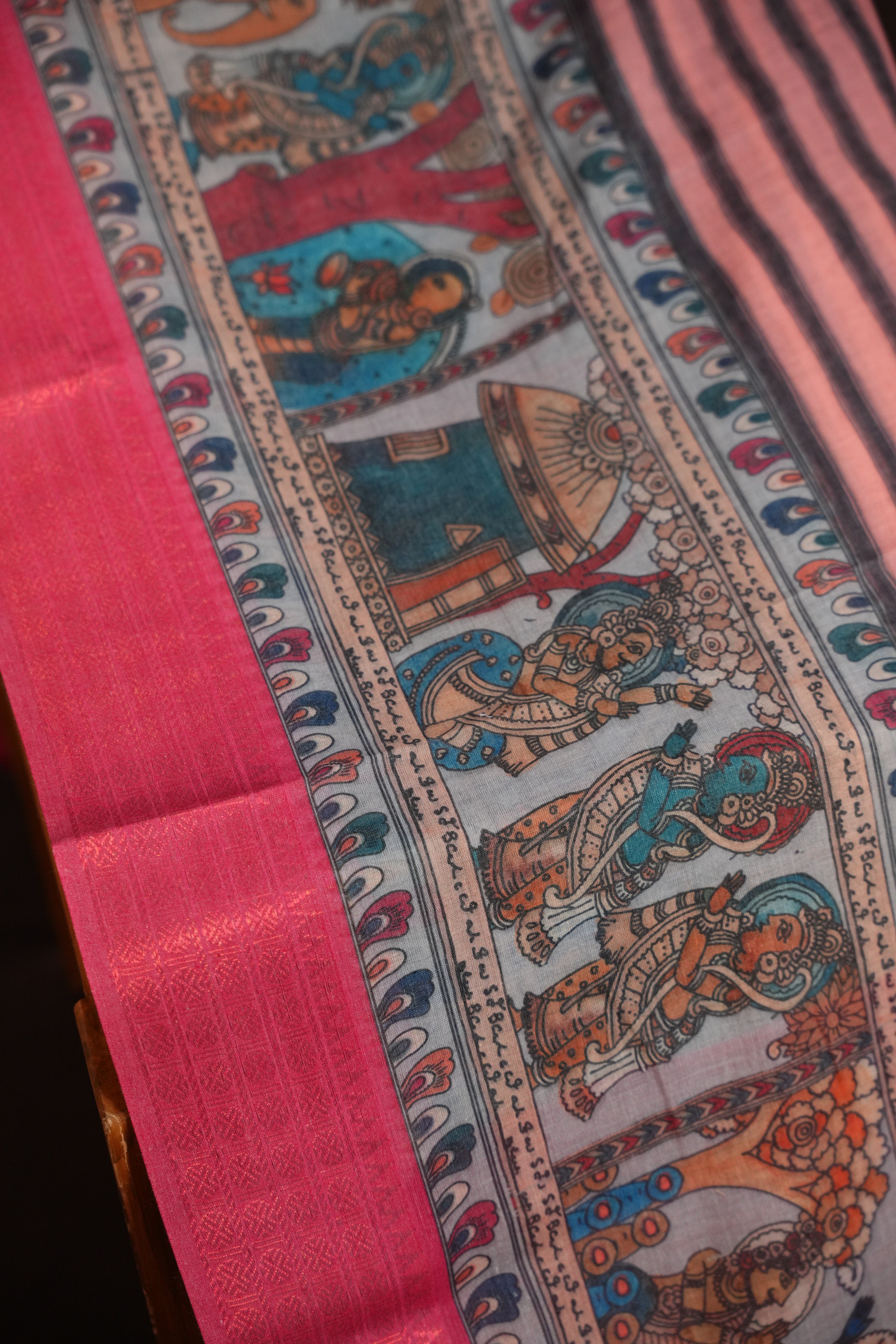 Kalamkari Inspired Cotton Saree with Copper Zari Border