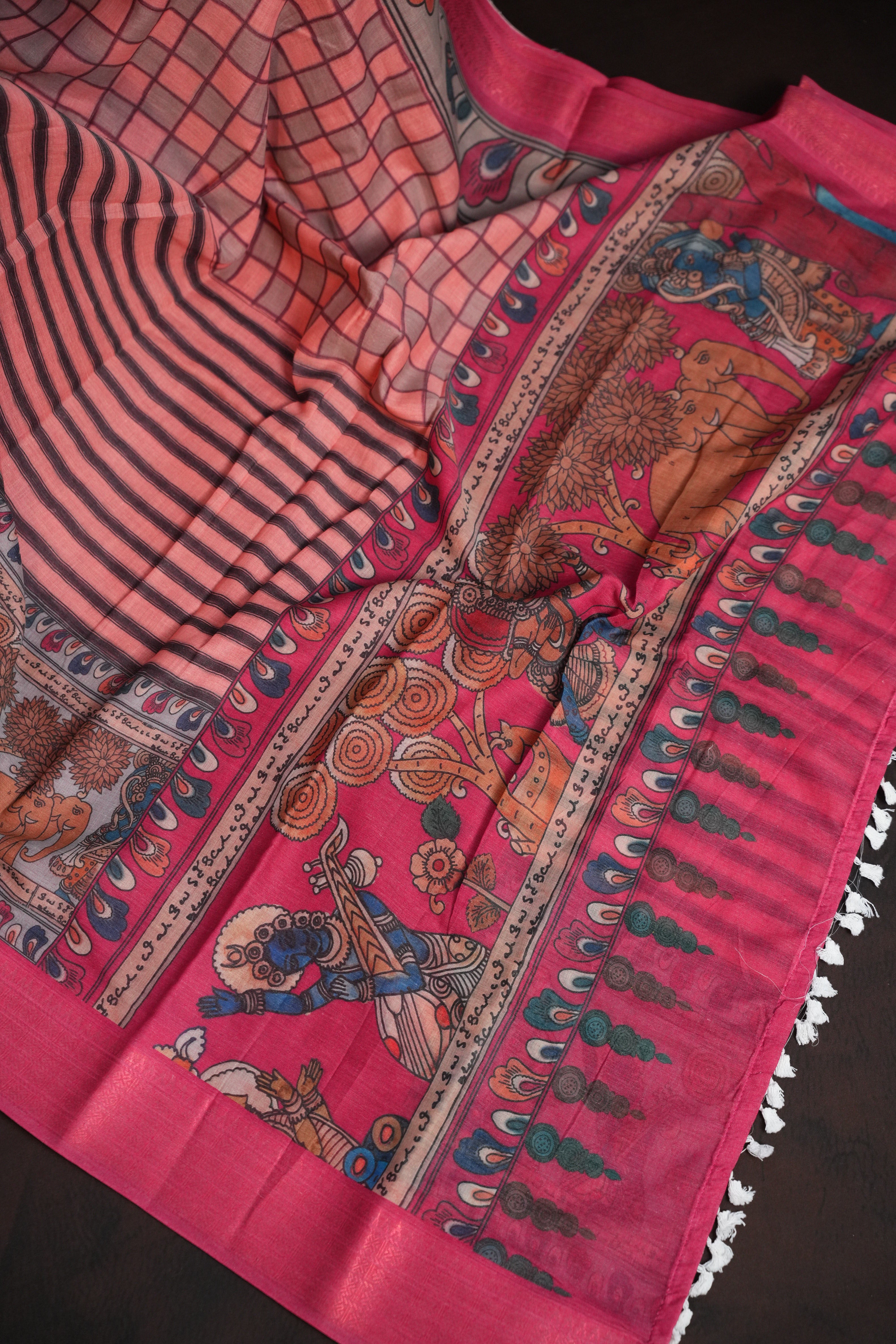 Kalamkari Inspired Cotton Saree with Copper Zari Border