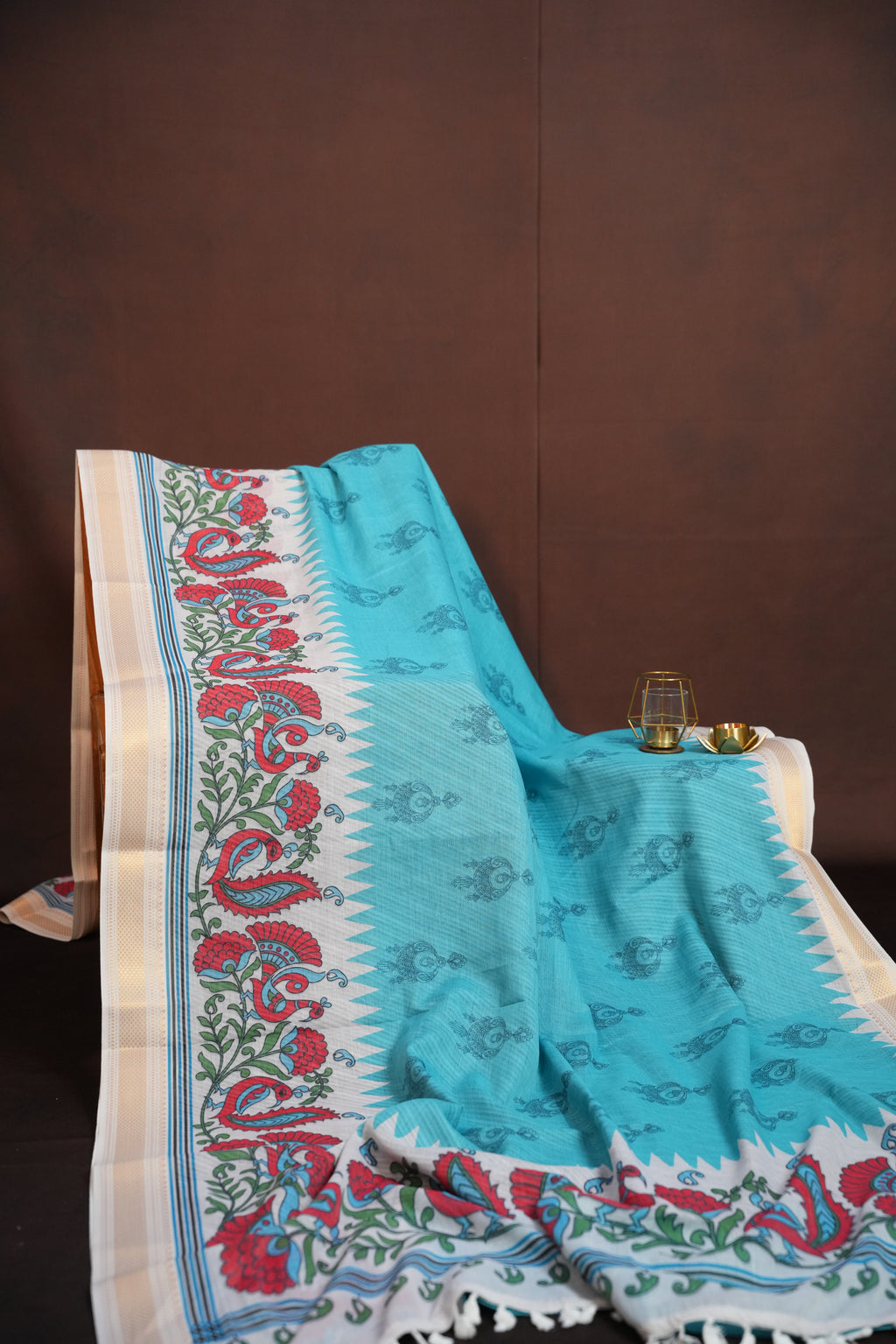 Sky Blue Kalamkari Printed Cotton Saree with Designer Border