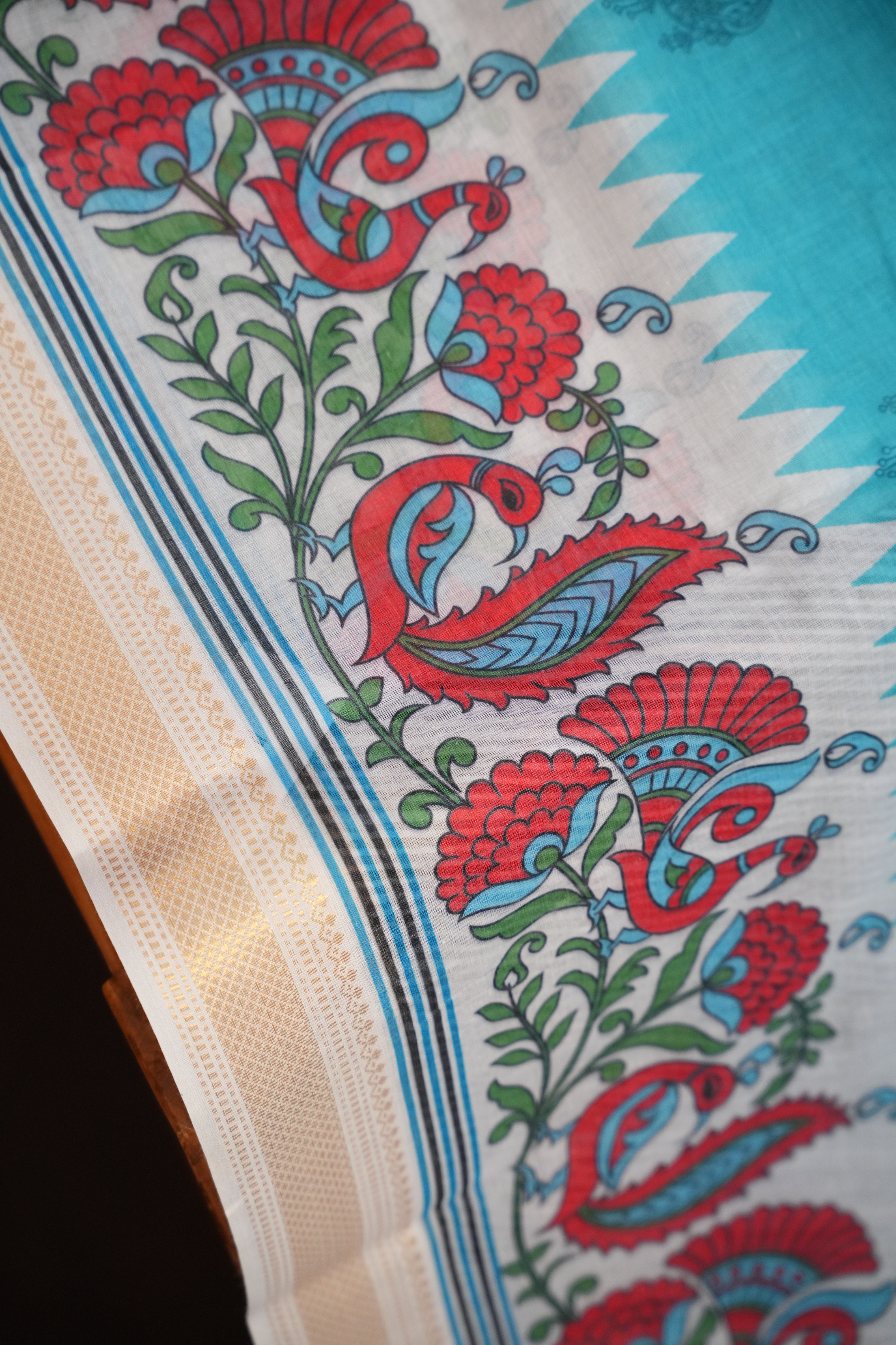 Sky Blue Kalamkari Printed Cotton Saree with Designer Border