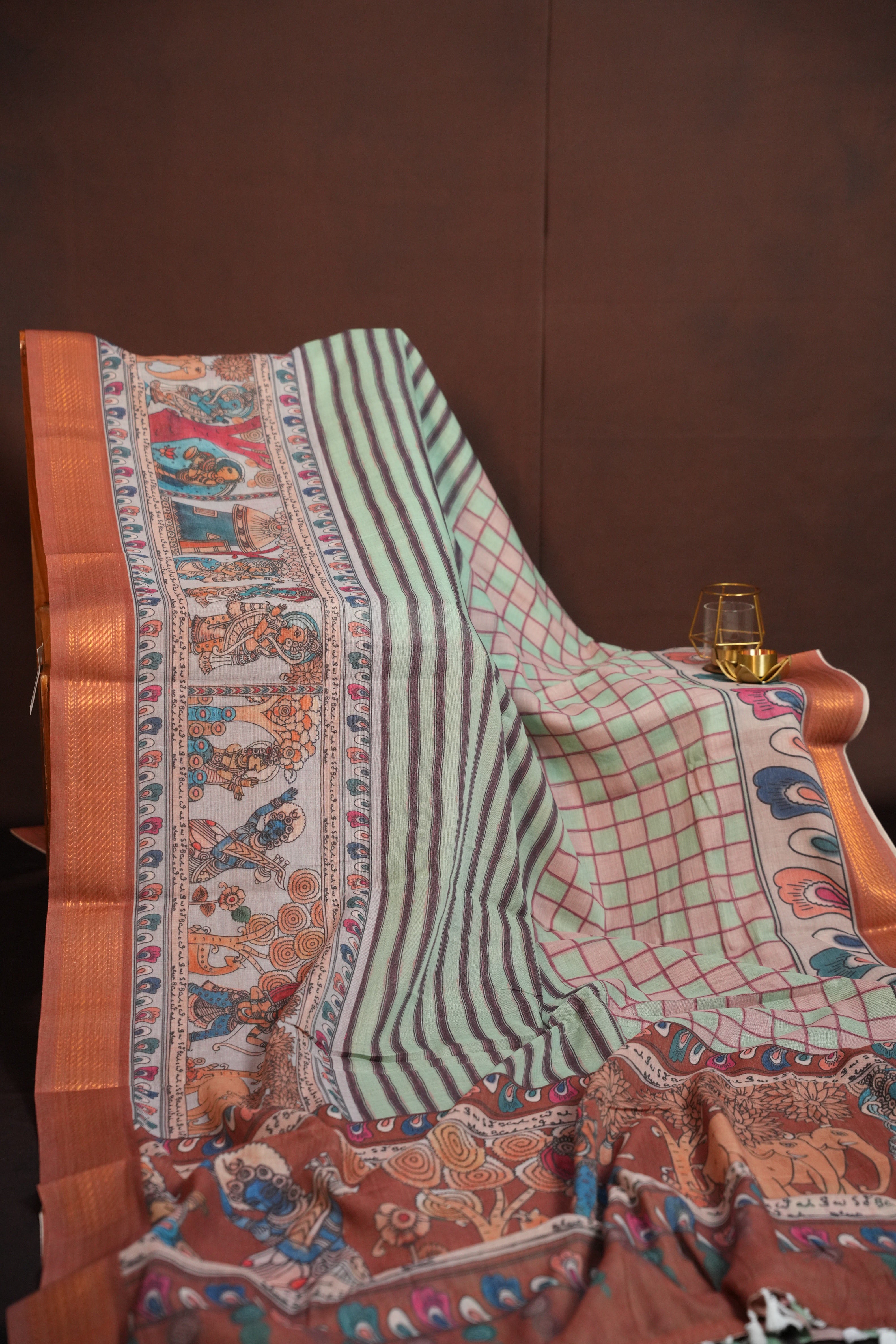 Handcrafted Kalamkari Print Cotton Saree with Copper Border