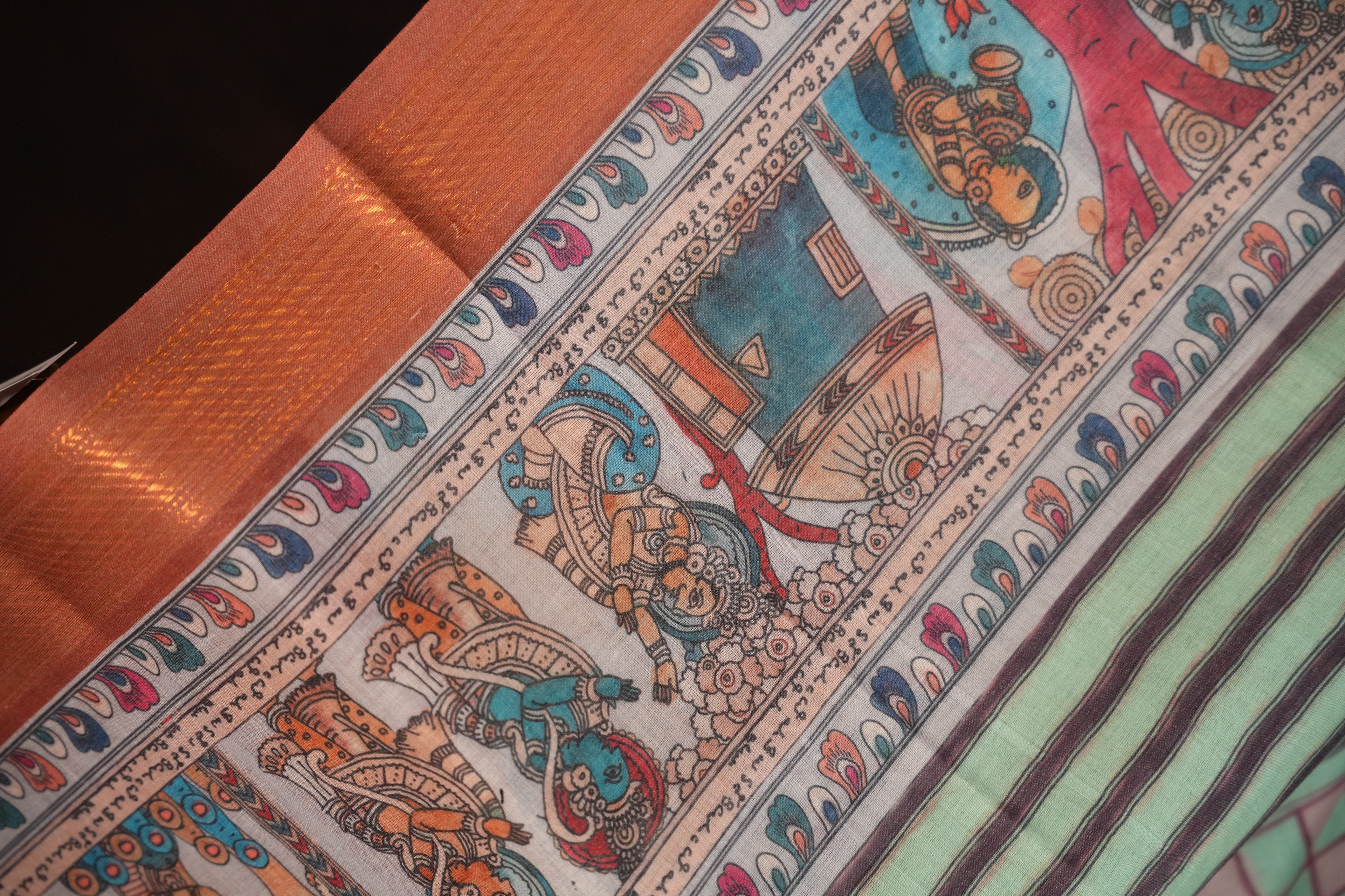 Handcrafted Kalamkari Print Cotton Saree with Copper Border