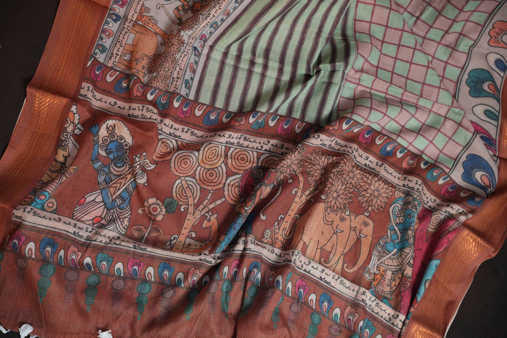 Handcrafted Kalamkari Print Cotton Saree with Copper Border