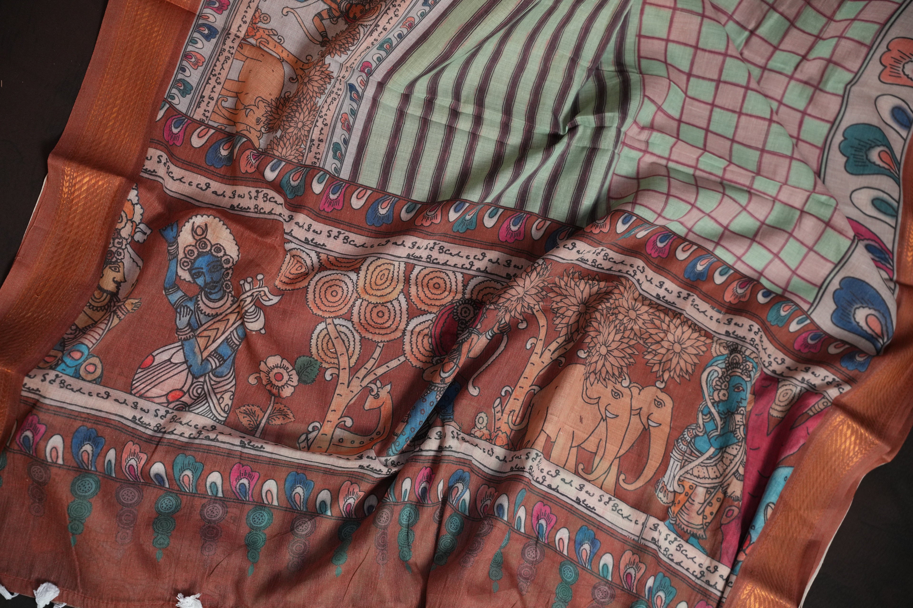 Handcrafted Kalamkari Print Cotton Saree with Copper Border