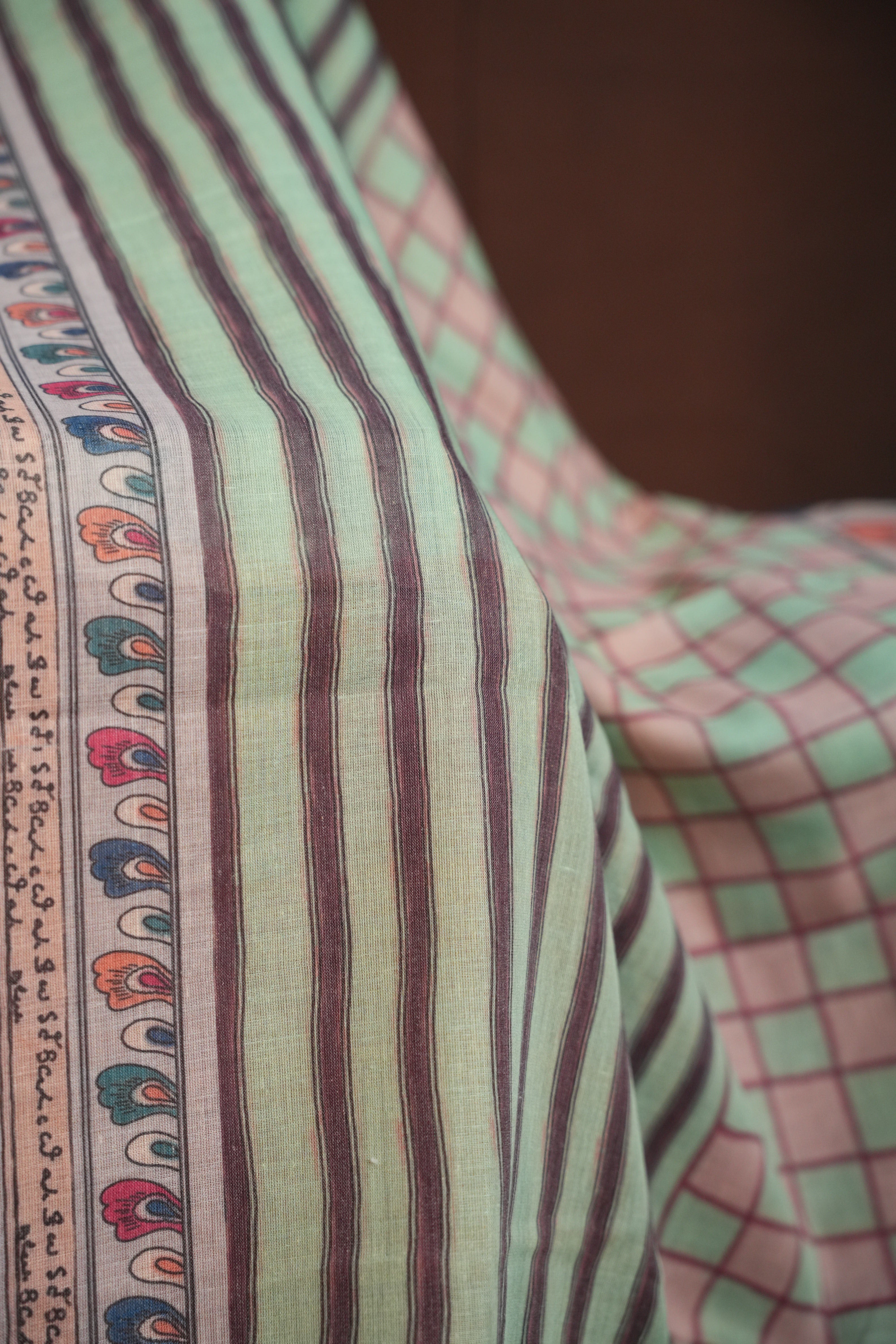 Handcrafted Kalamkari Print Cotton Saree with Copper Border