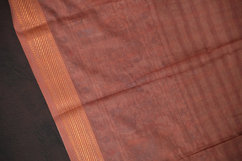 Handcrafted Kalamkari Print Cotton Saree with Copper Border