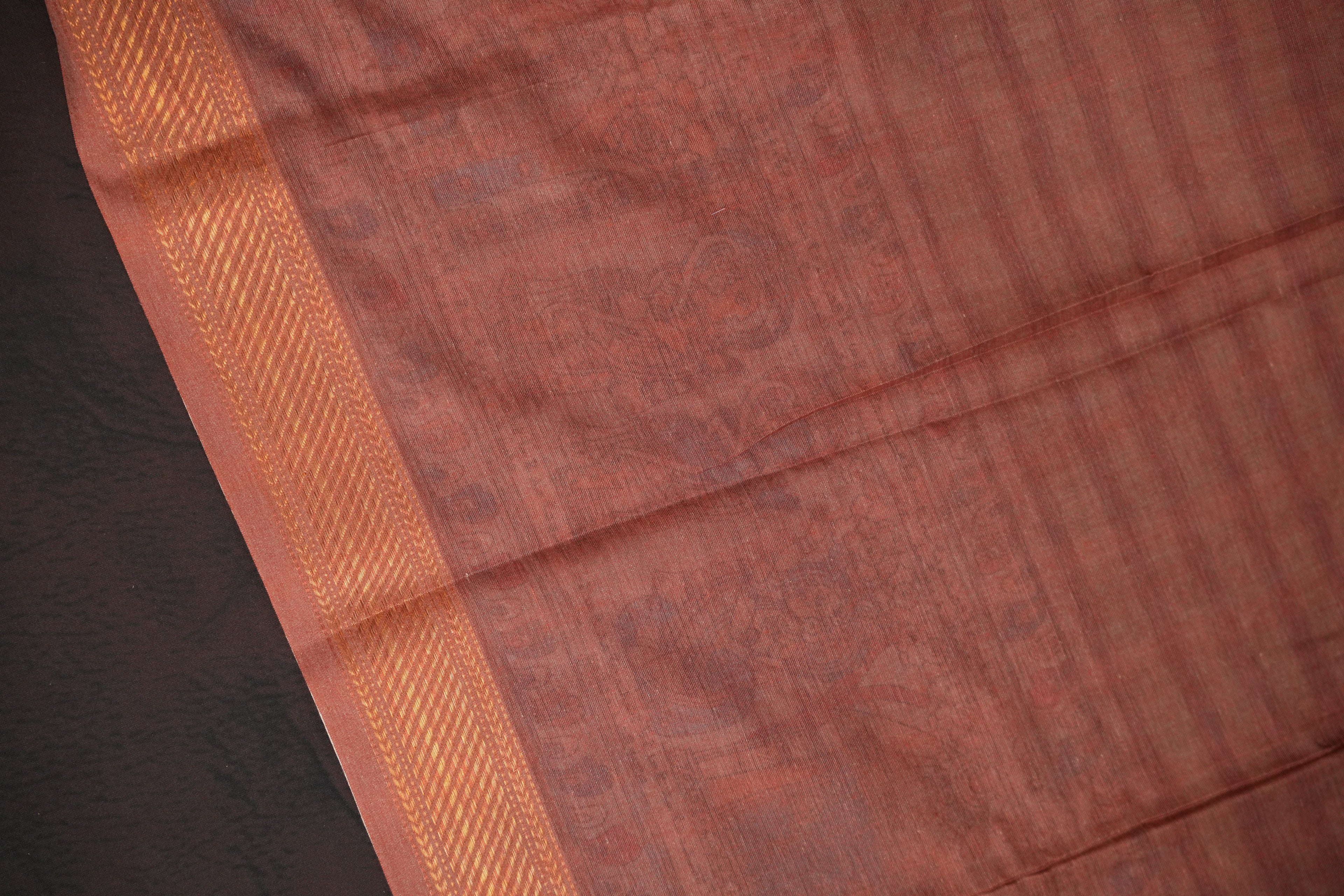 Handcrafted Kalamkari Print Cotton Saree with Copper Border