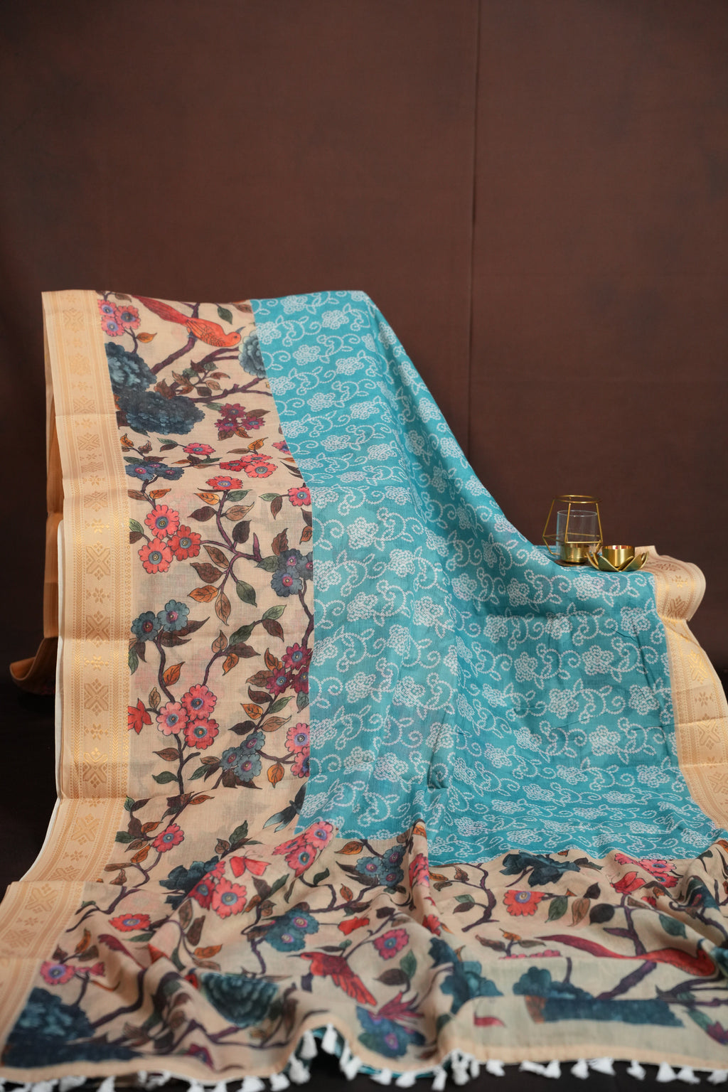 Beige Floral Printed Cotton Saree with Gold Border