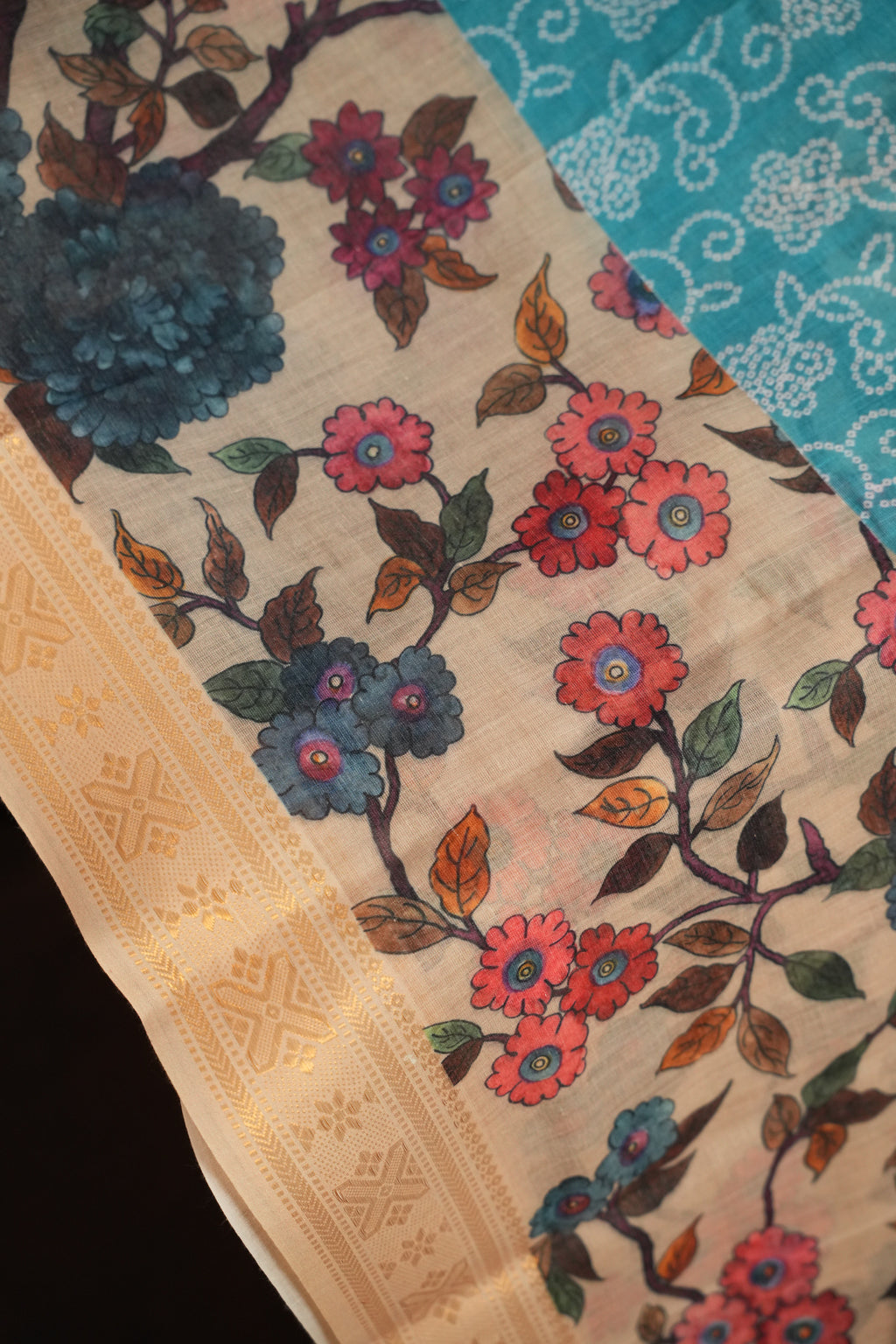 Beige Floral Printed Cotton Saree with Gold Border