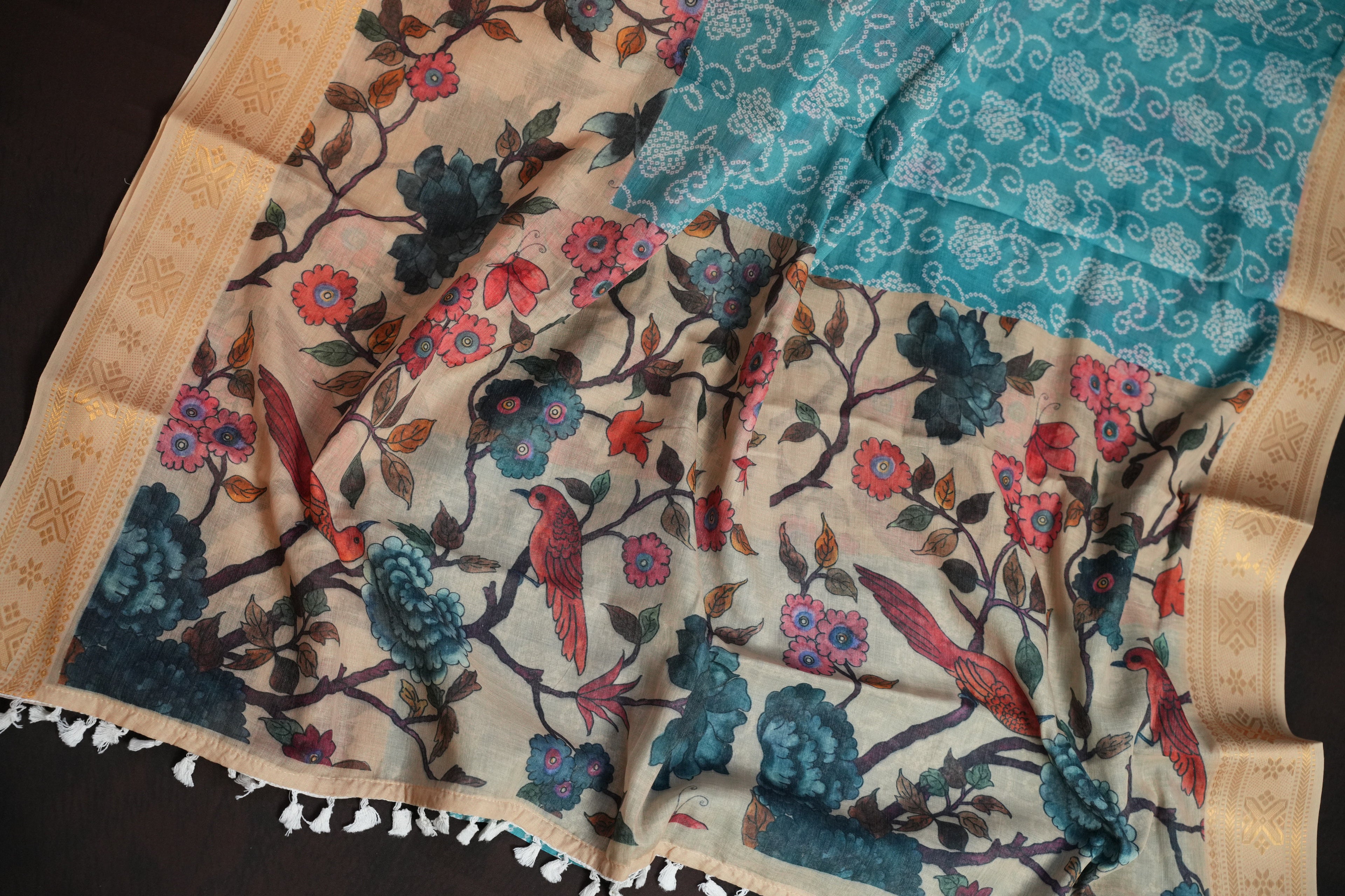 Beige Floral Printed Cotton Saree with Gold Border
