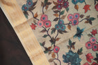 Beige Floral Printed Cotton Saree with Gold Border
