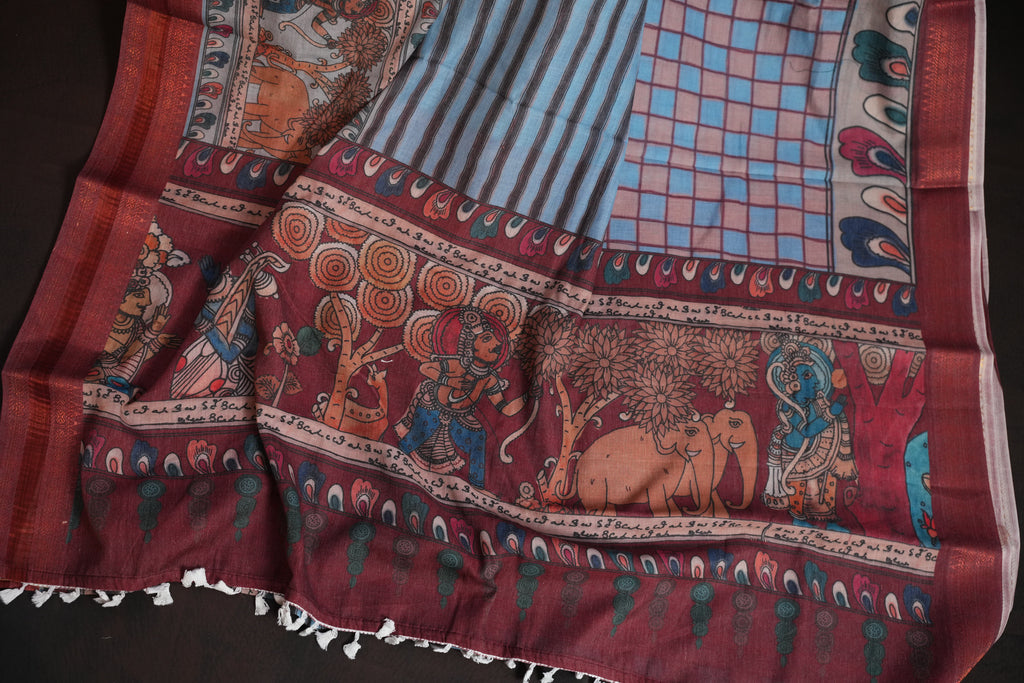 Pink Kalamkari Printed Cotton Saree with Traditional Border