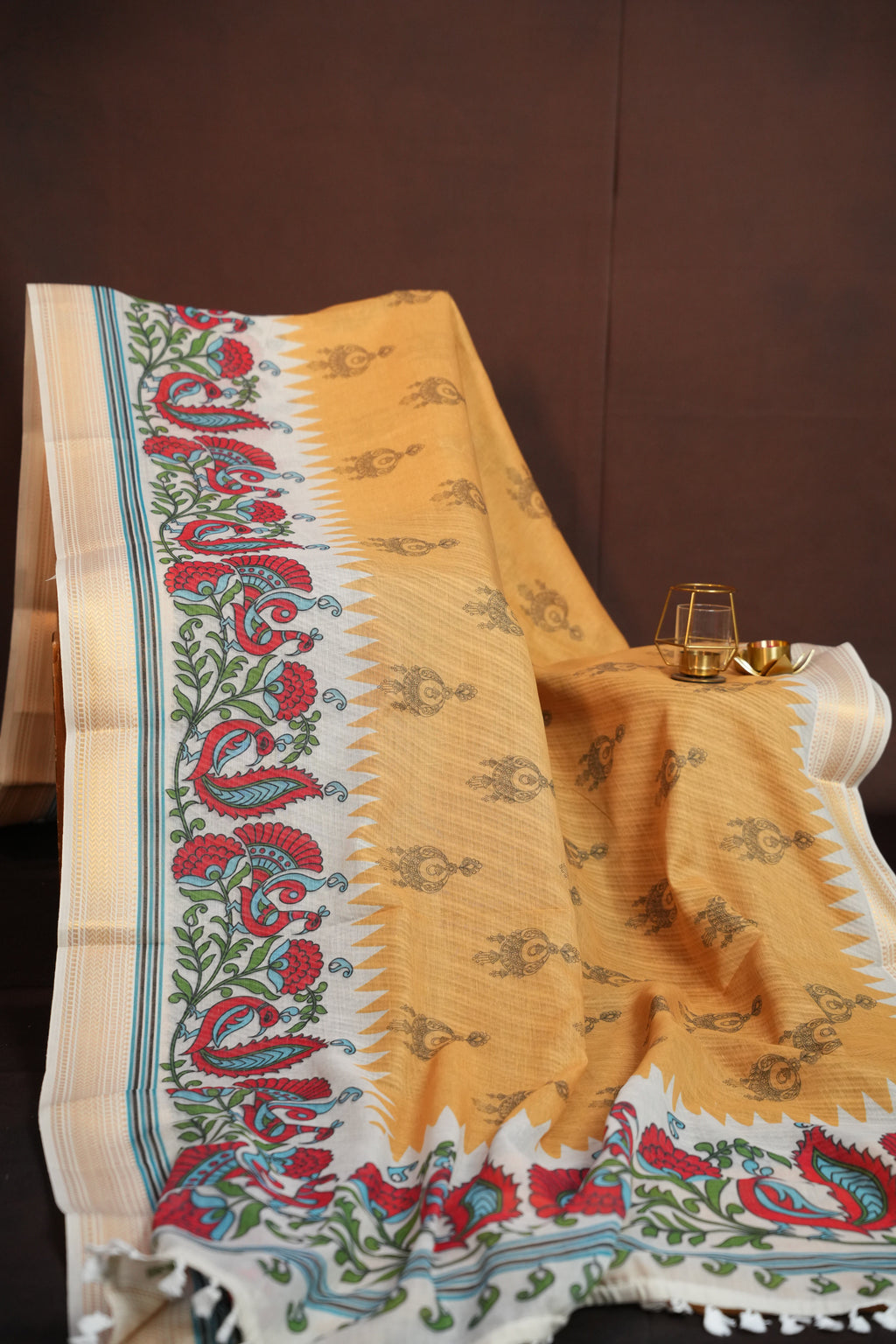 Off White Kalamkari Printed Cotton Saree with Gold Border