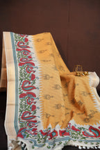 Off White Kalamkari Printed Cotton Saree with Gold Border