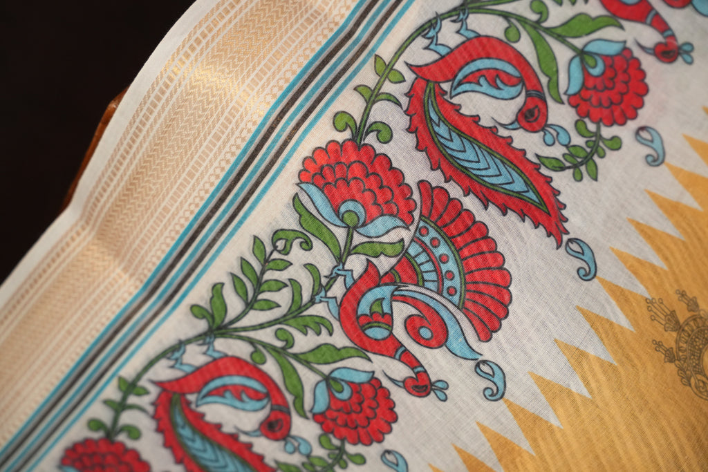 Off White Kalamkari Printed Cotton Saree with Gold Border