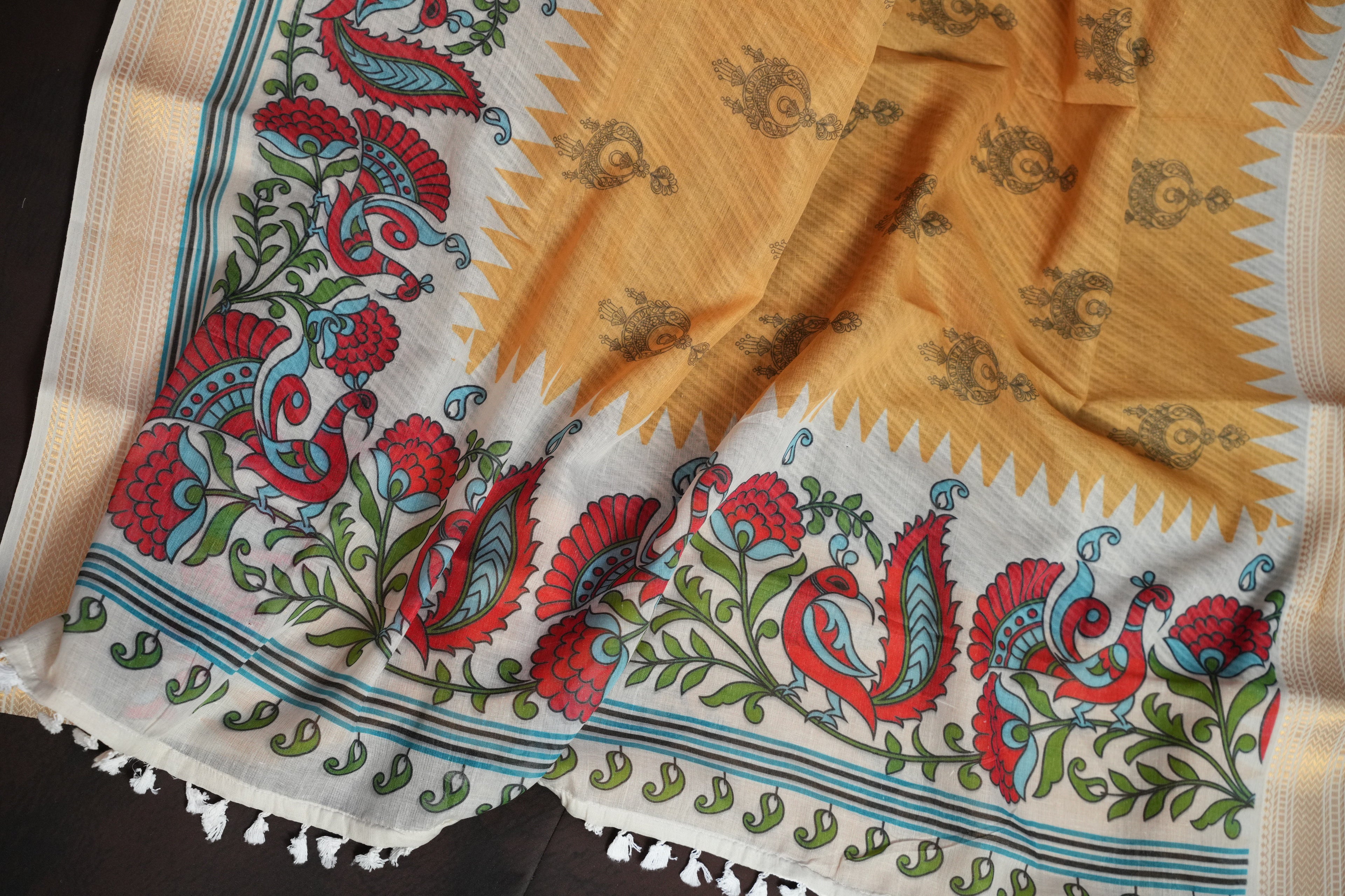 Off White Kalamkari Printed Cotton Saree with Gold Border