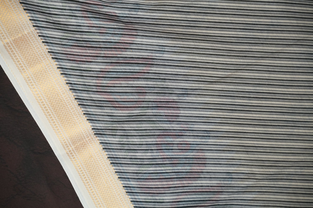 Off White Kalamkari Printed Cotton Saree with Gold Border