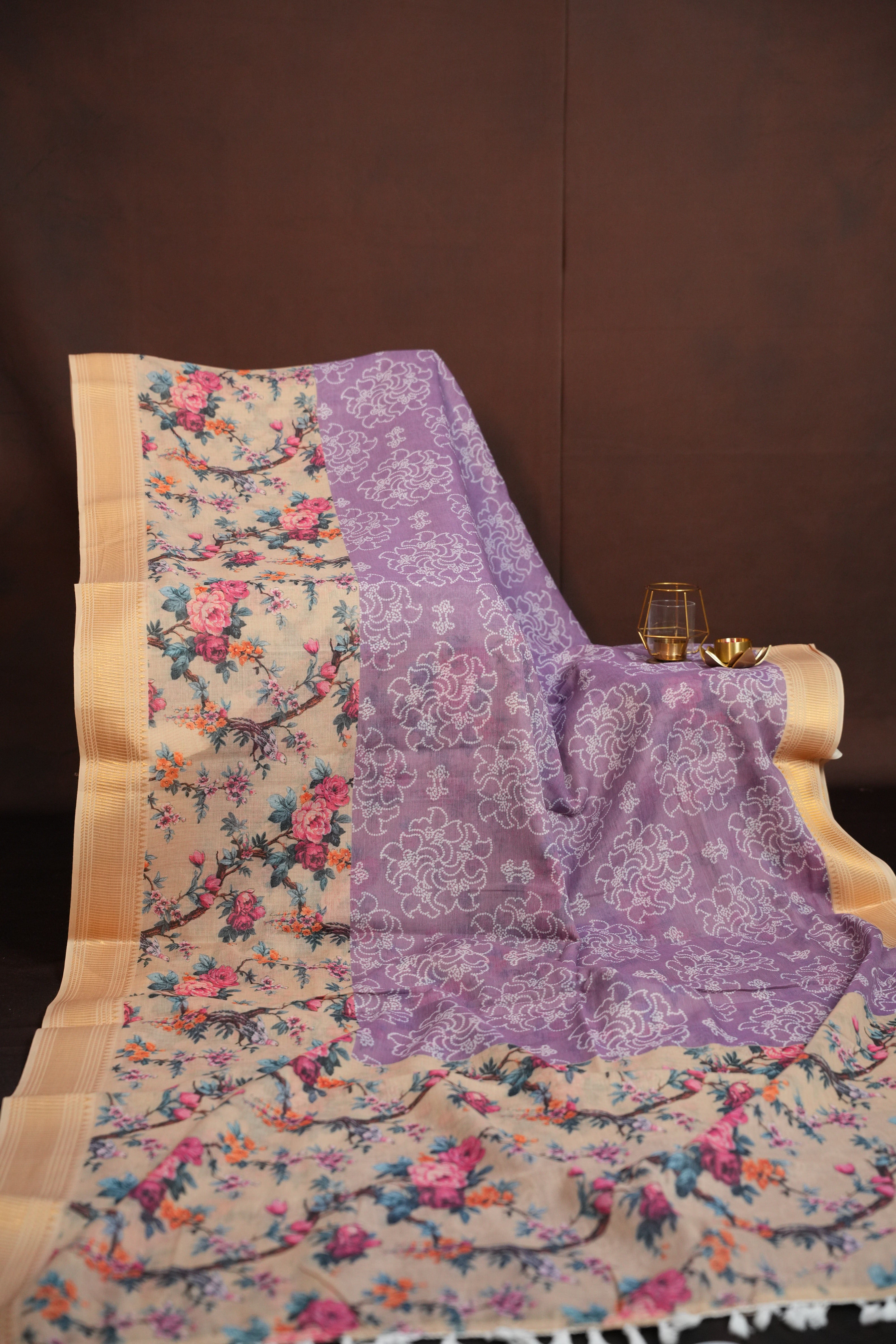 Beige Floral Printed Cotton Saree with Elegant Woven Border