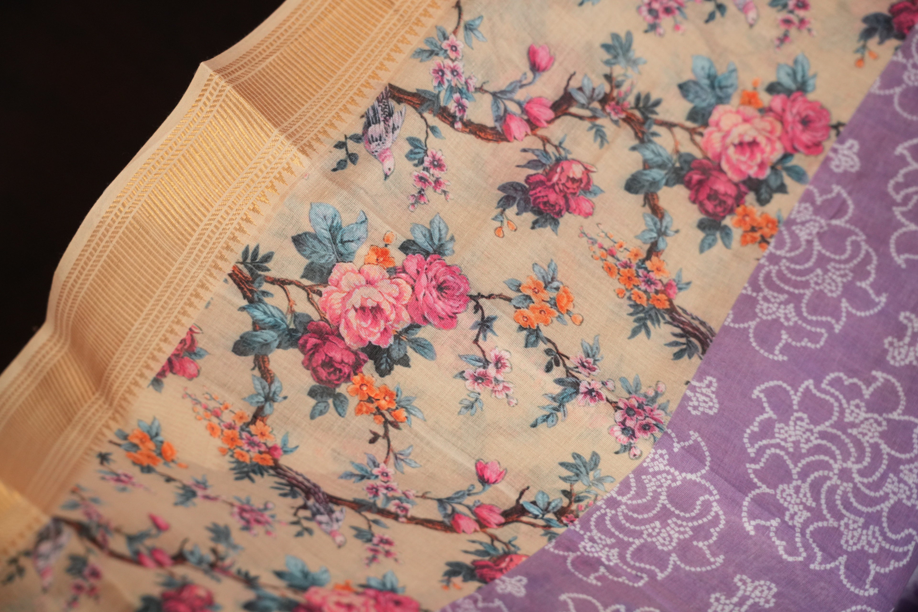 Beige Floral Printed Cotton Saree with Elegant Woven Border
