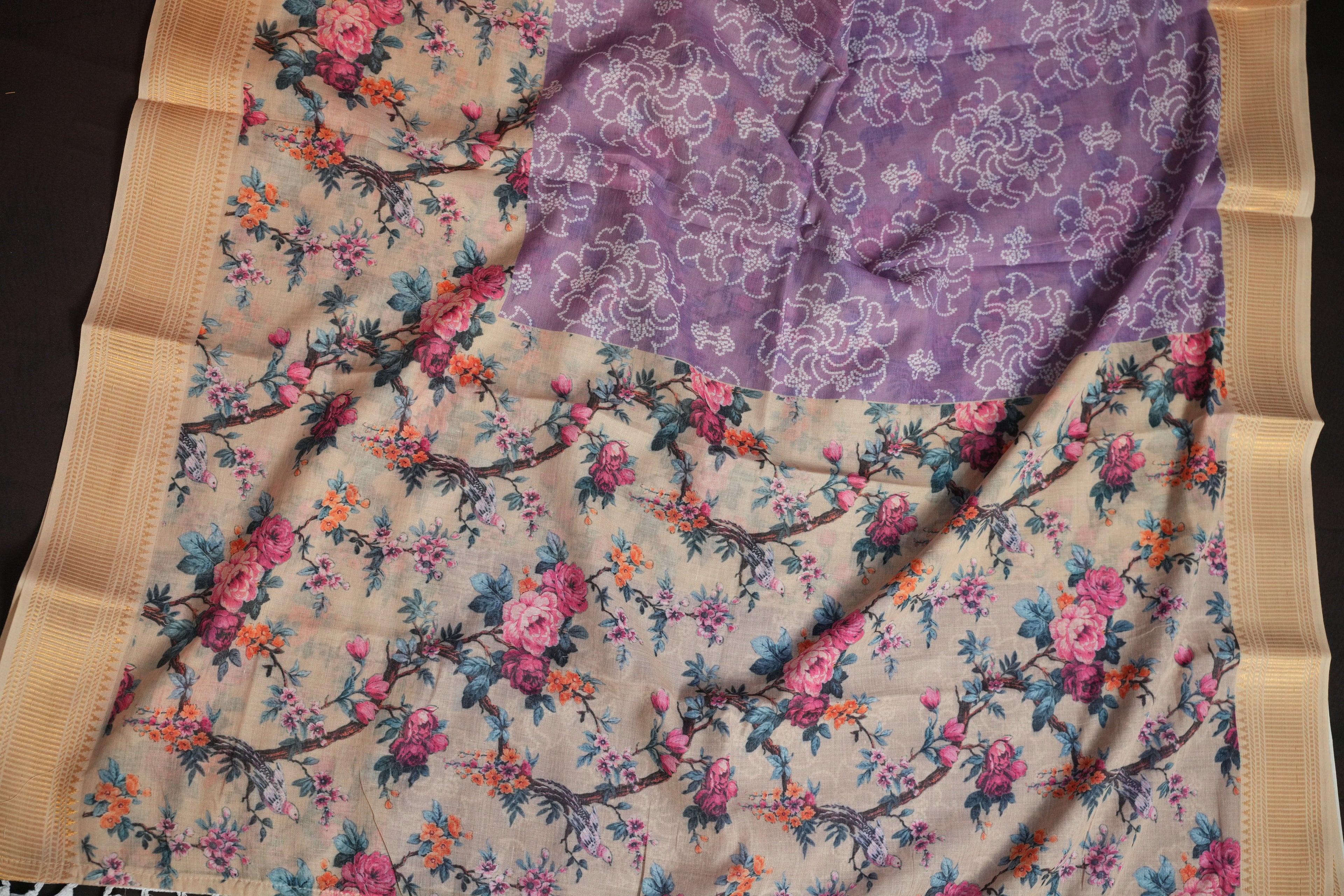 Beige Floral Printed Cotton Saree with Elegant Woven Border