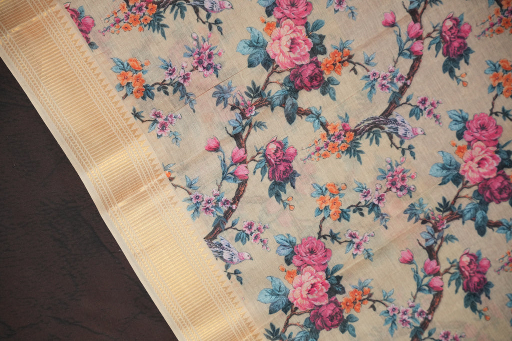 Beige Floral Printed Cotton Saree with Elegant Woven Border