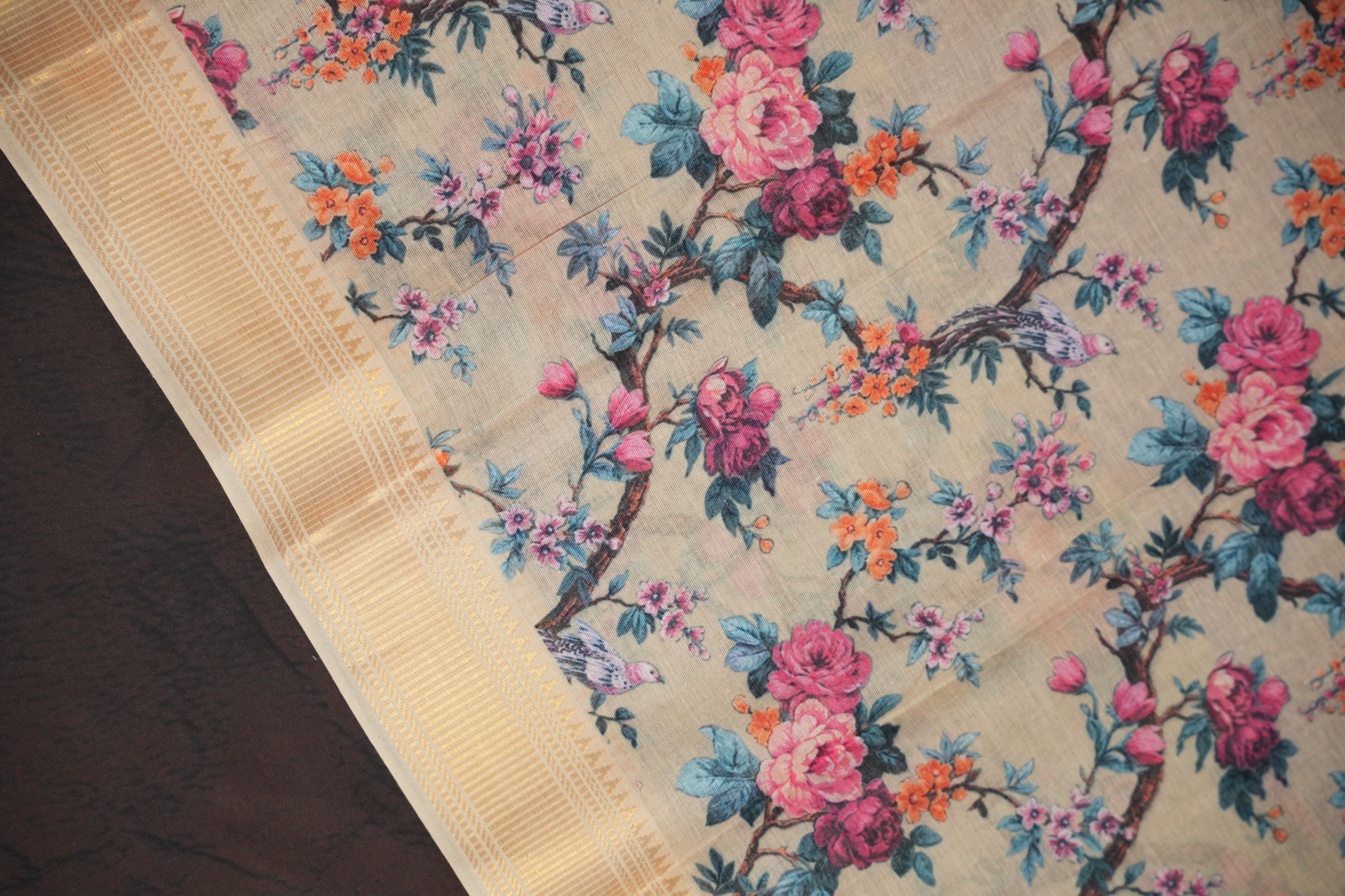 Beige Floral Printed Cotton Saree with Elegant Woven Border
