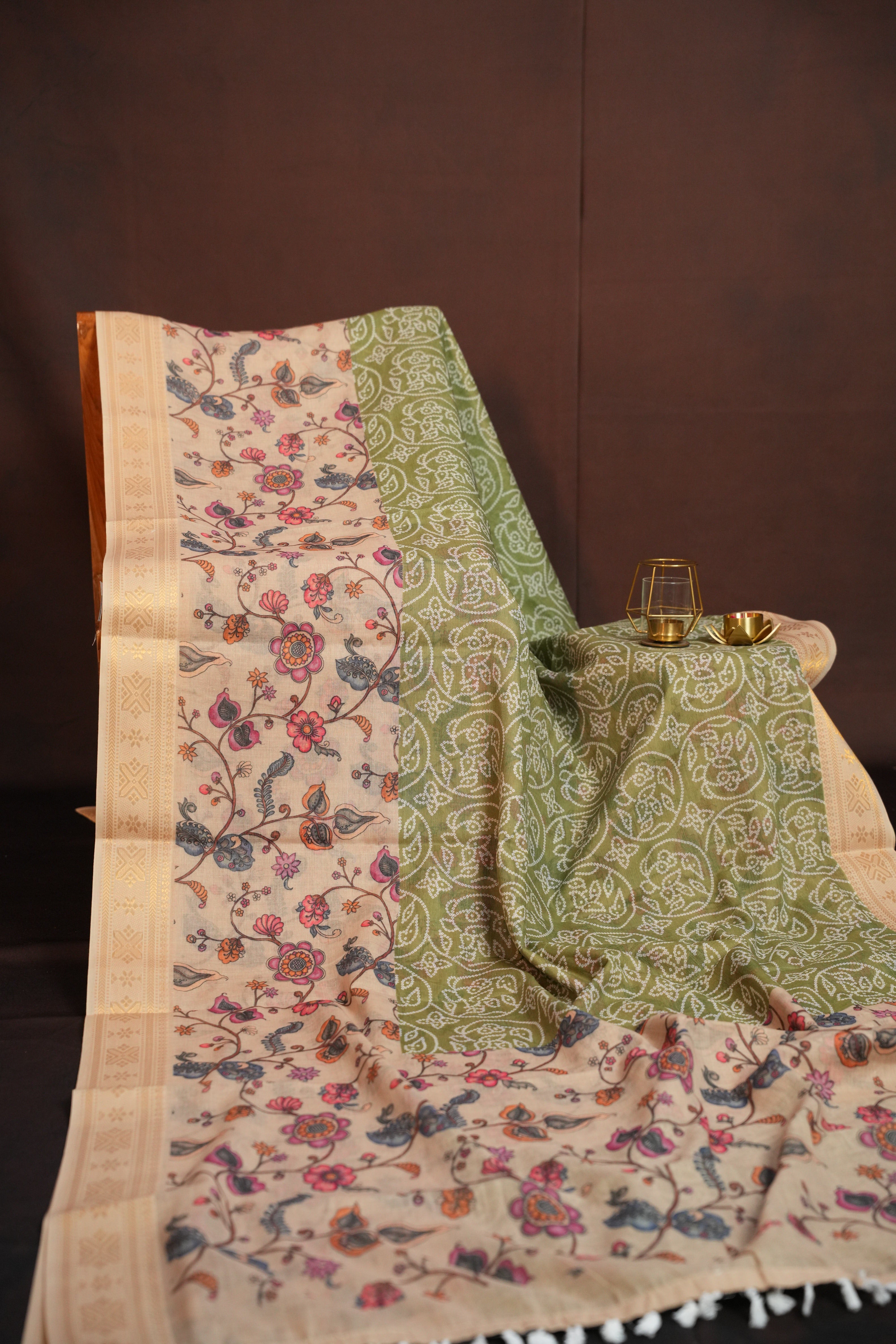 Beige Floral Printed Cotton Saree with Elegant Border