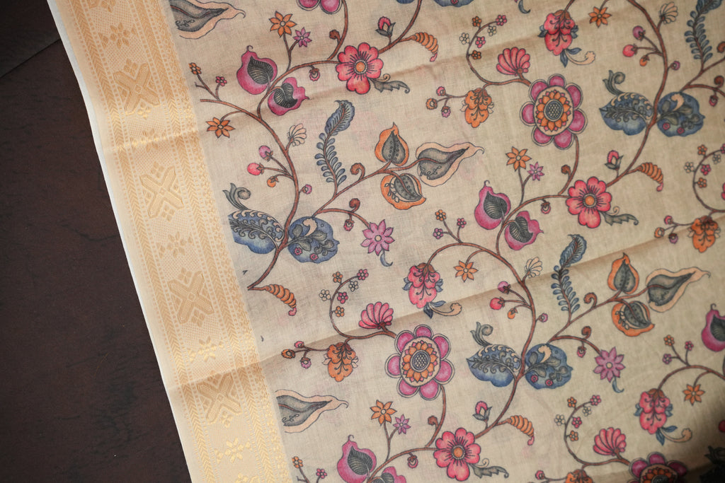 Beige Floral Printed Cotton Saree with Elegant Border