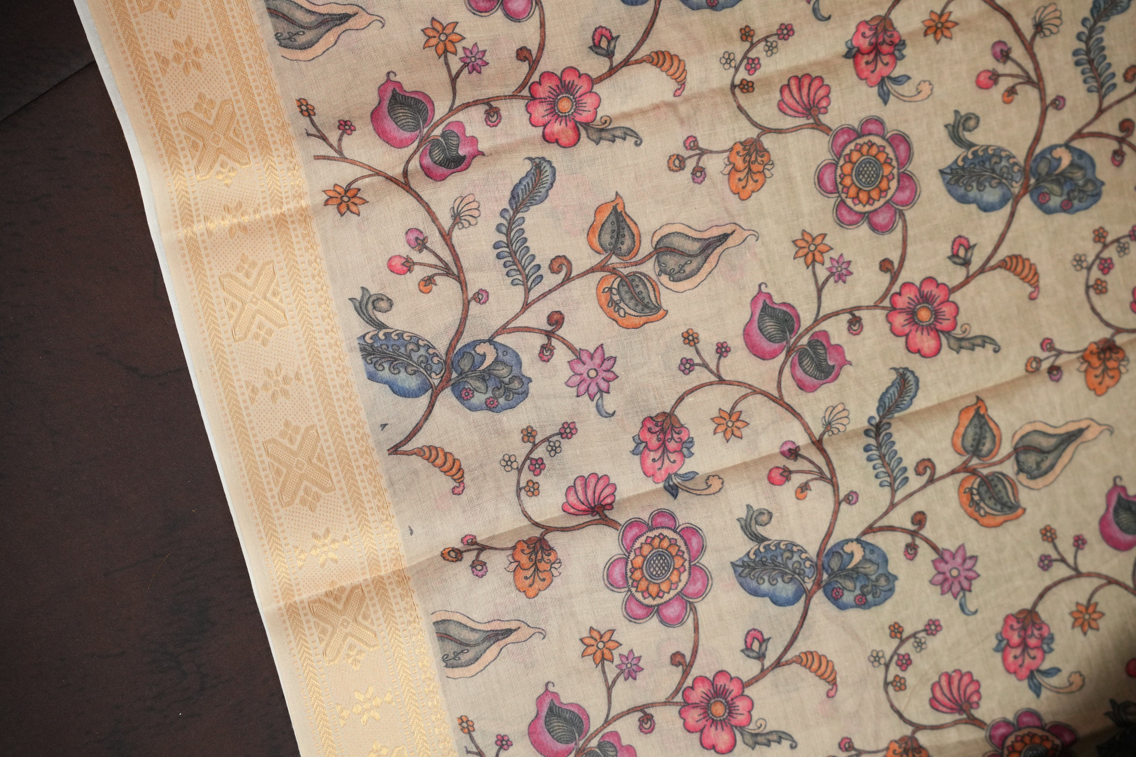 Beige Floral Printed Cotton Saree with Elegant Border