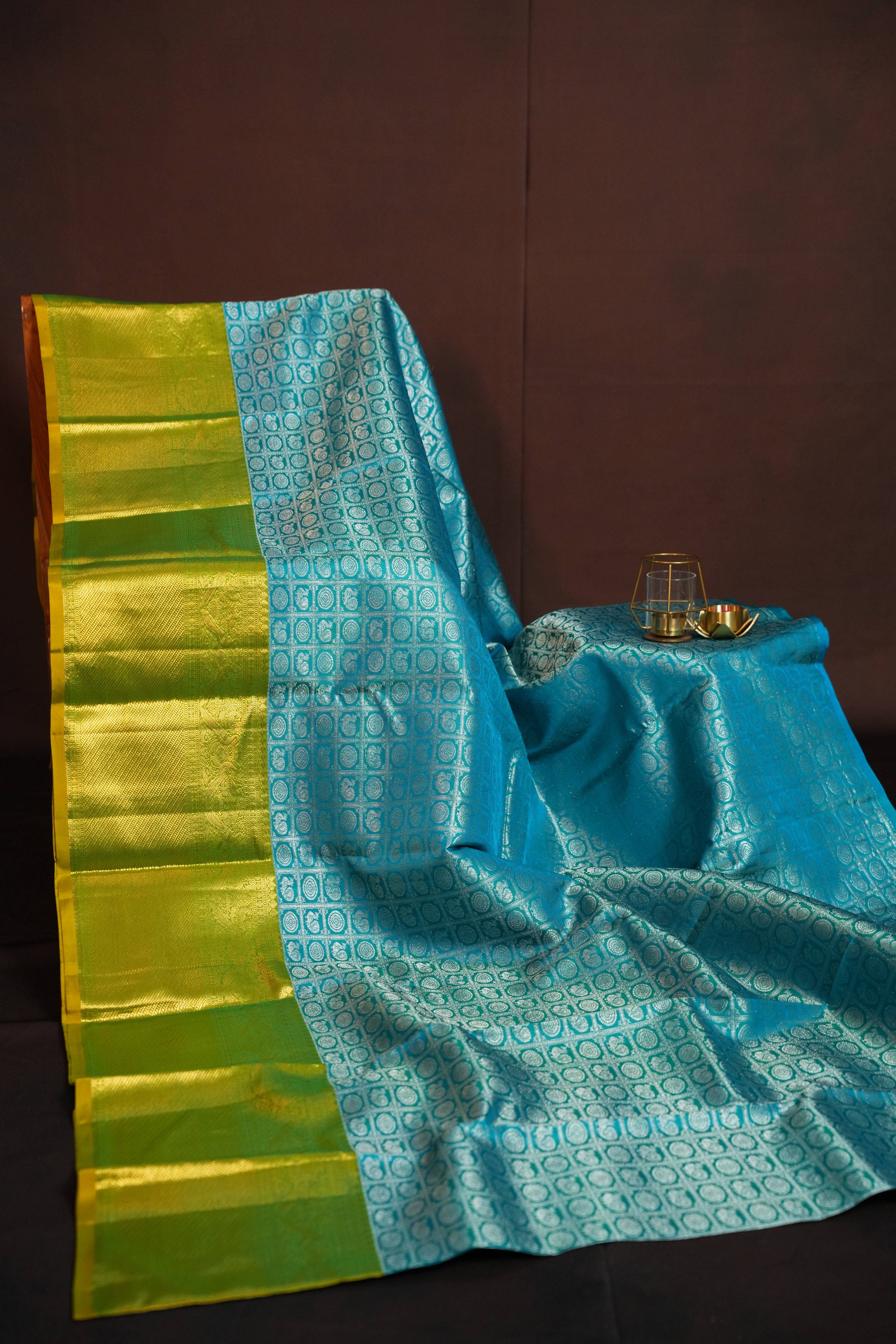 Lime Green & Aqua Blue Pattu Lehanga Saree with Rich Zari Weave