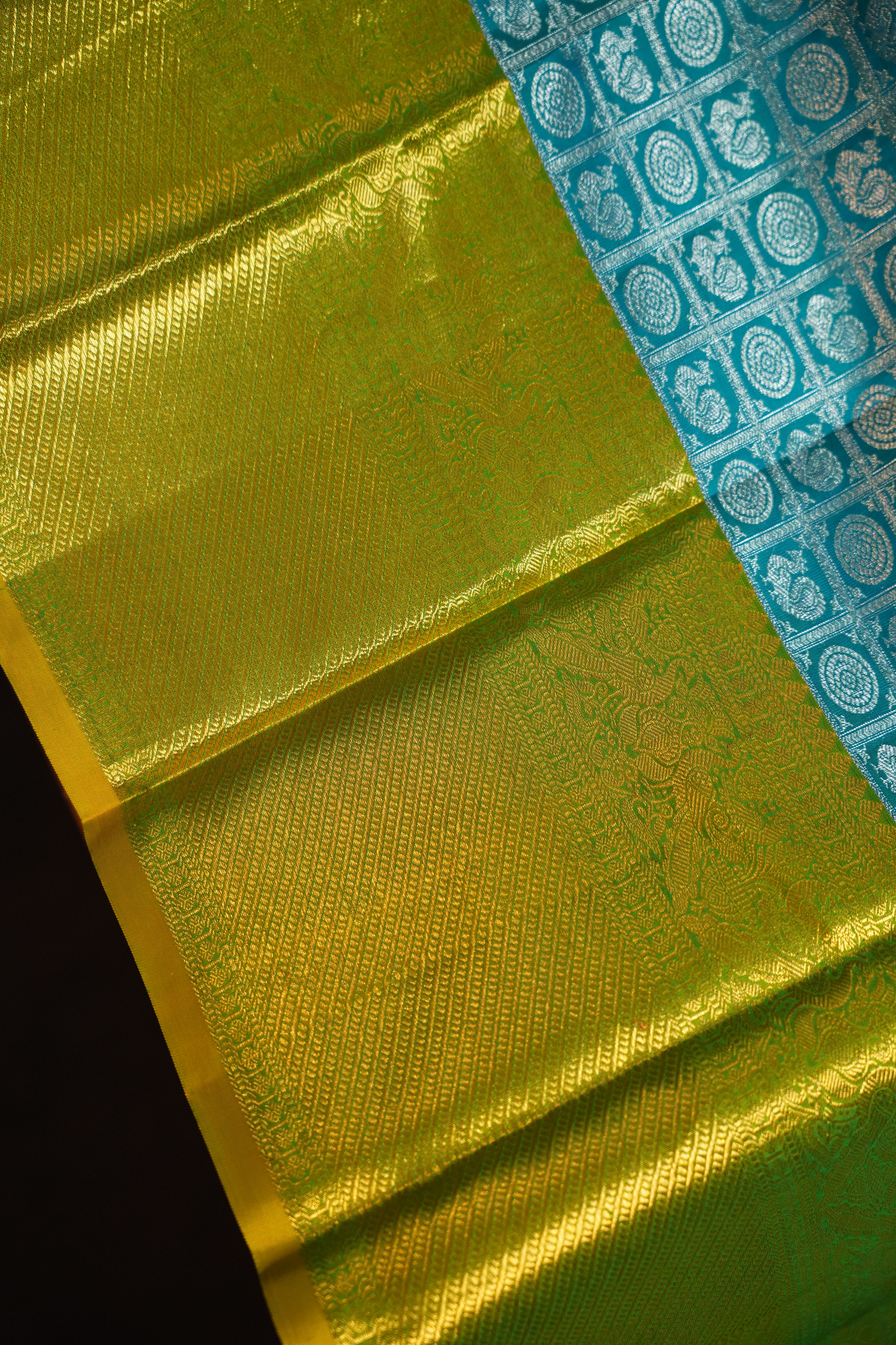 Lime Green & Aqua Blue Pattu Lehanga Saree with Rich Zari Weave