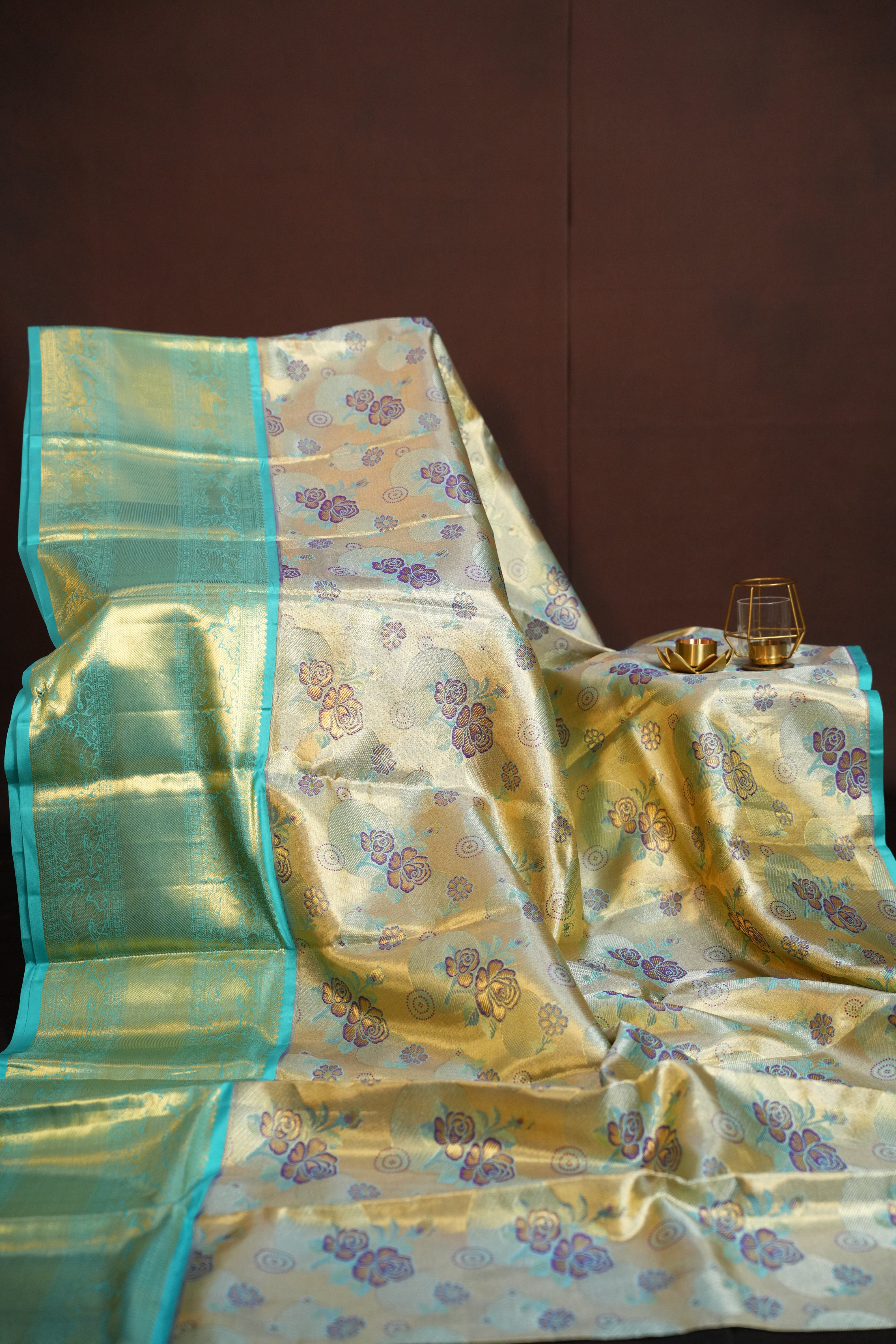 Aqua Blue Pattu Lehanga Saree with Rich Gold Zari Weave