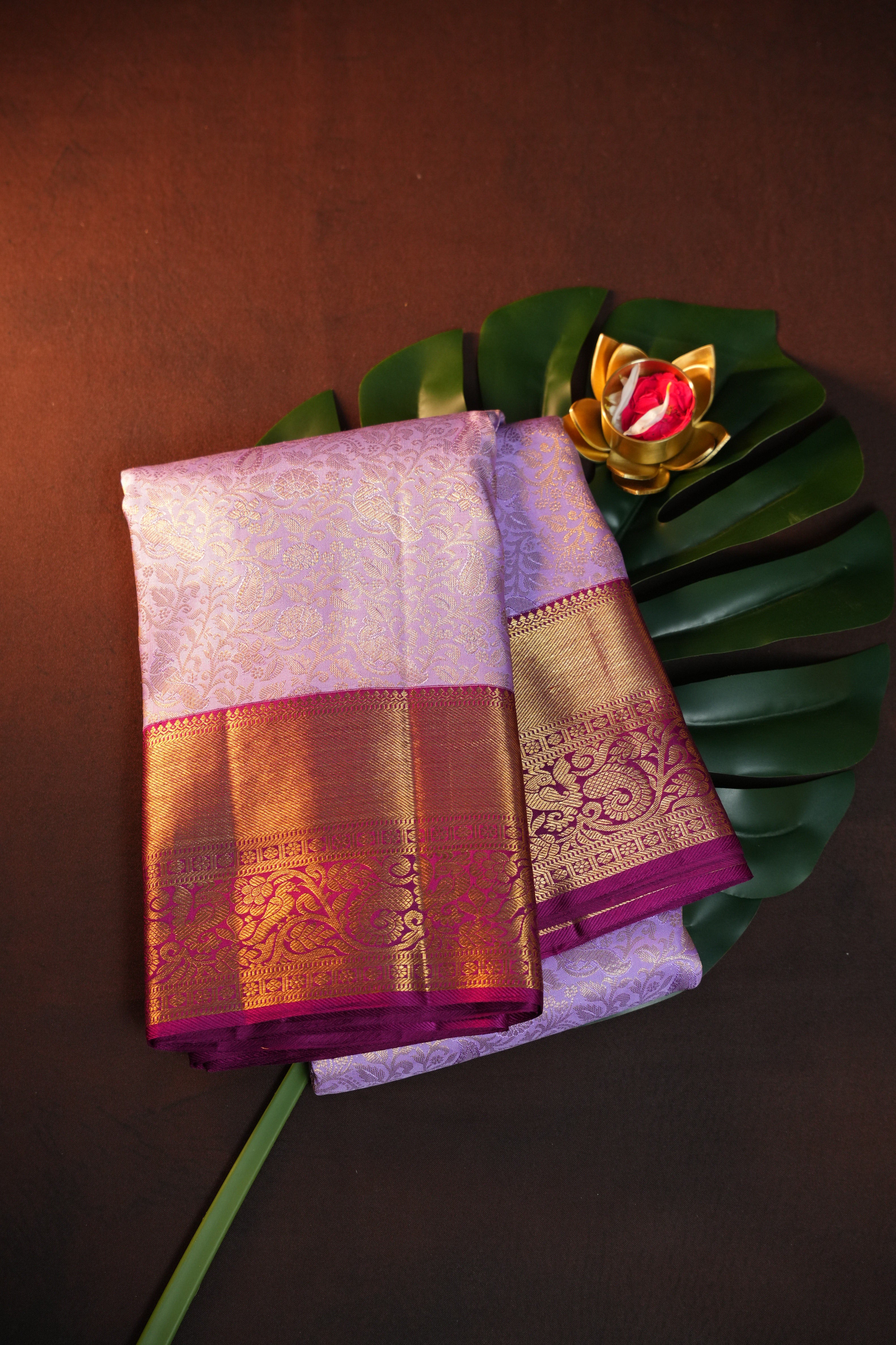 Lavender Kanchi Pattu Silk Saree with Rich Gold Zari Border