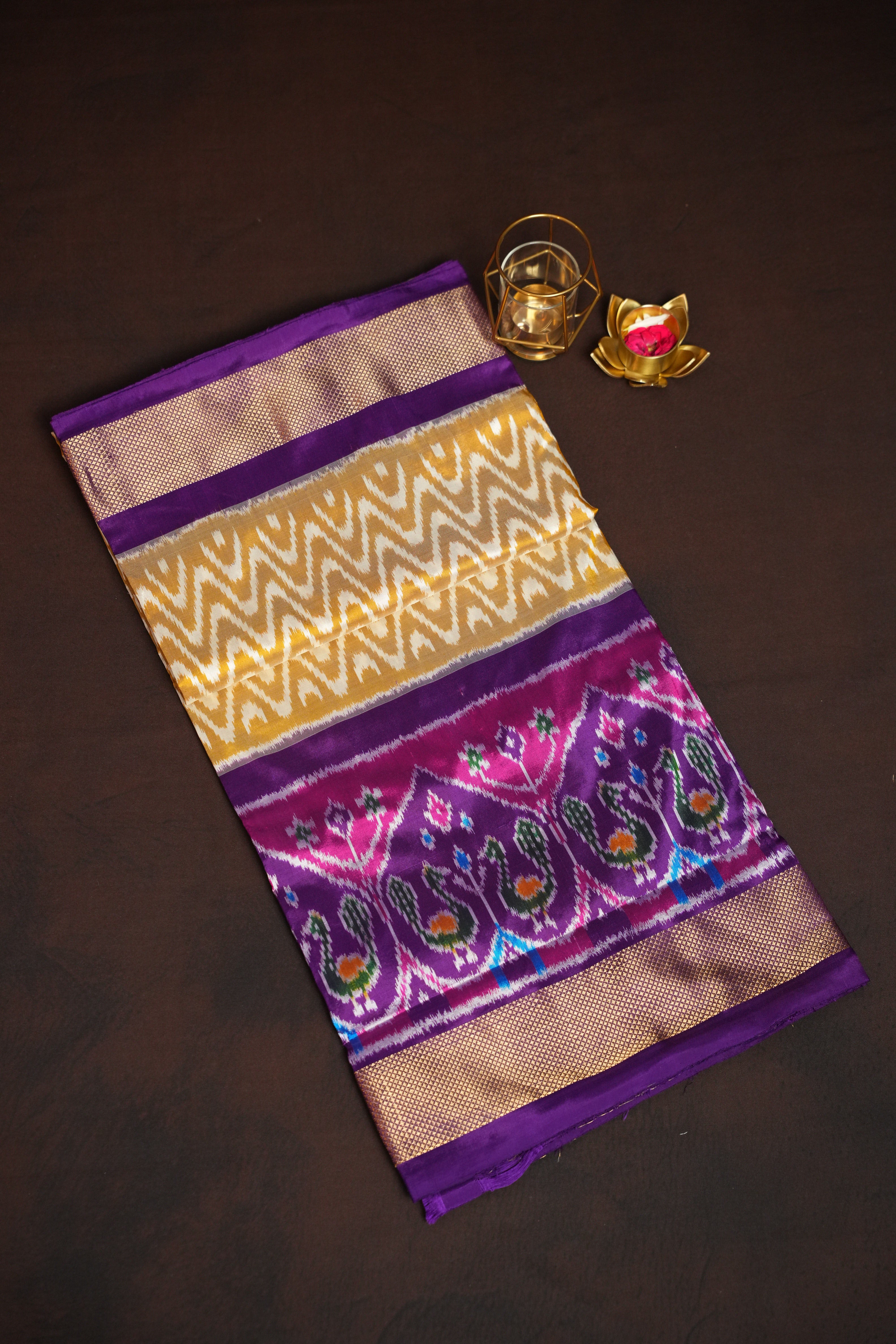 Purple Double Ikat Silk Saree with Traditional Motifs