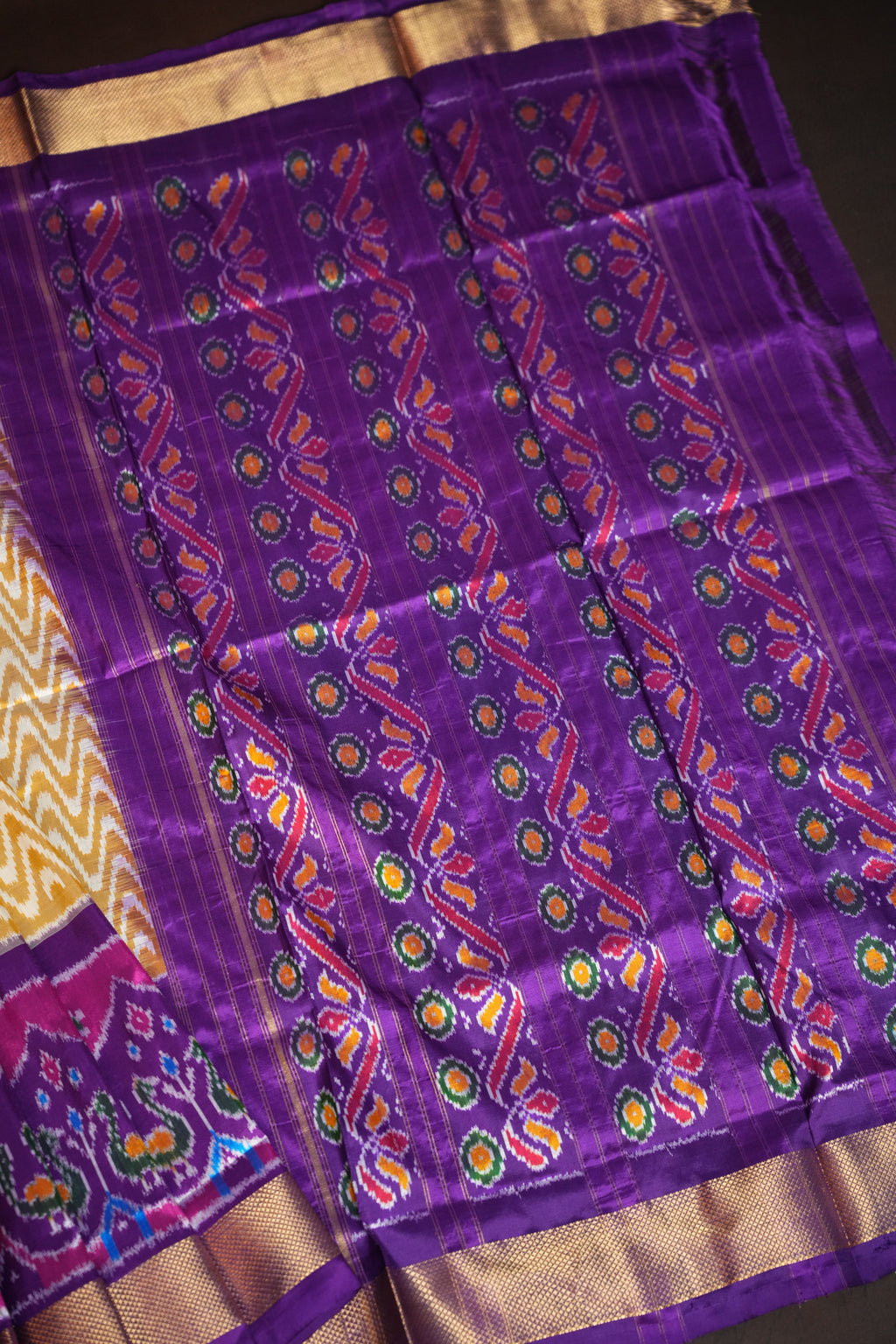 Purple Double Ikat Silk Saree with Traditional Motifs