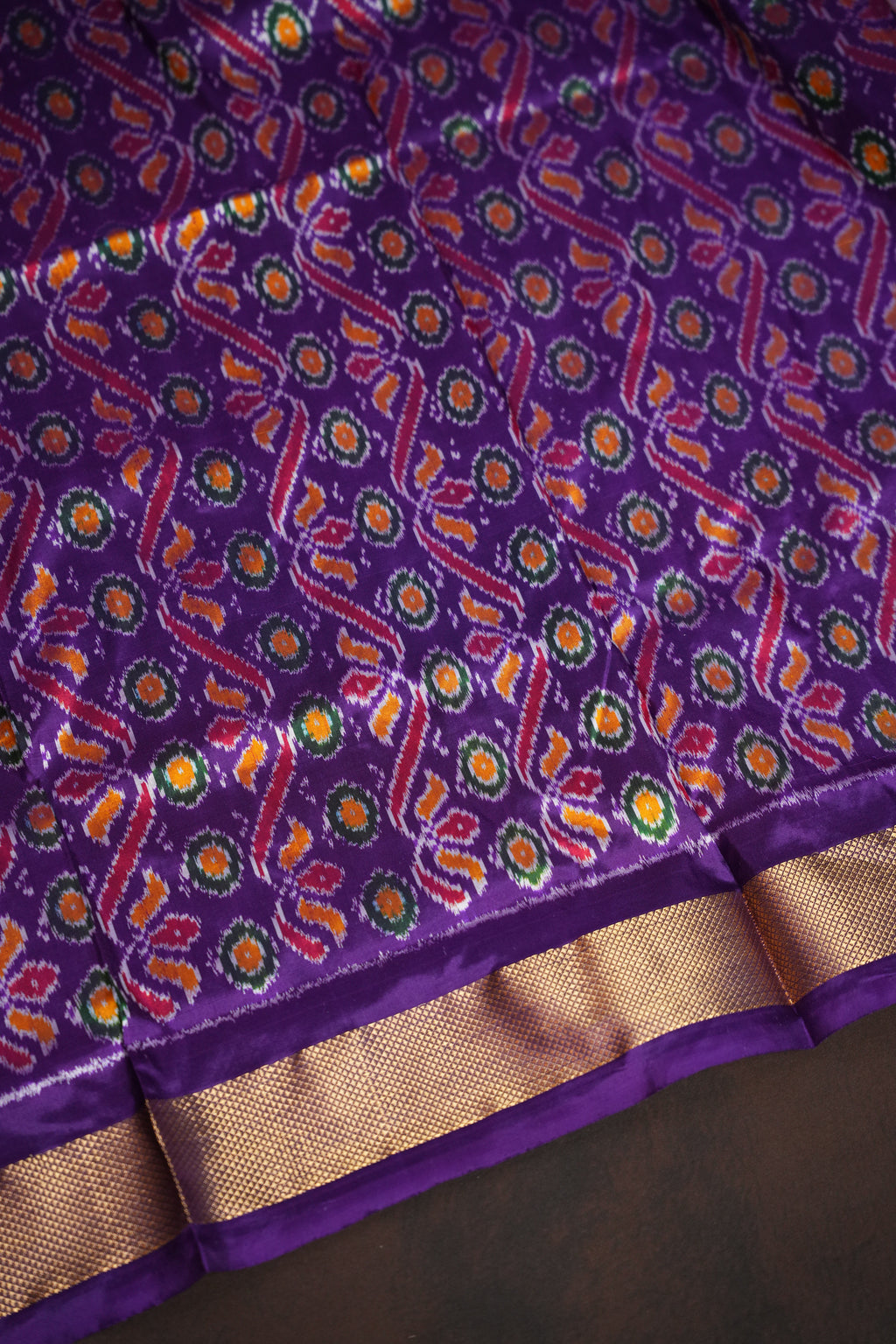 Purple Double Ikat Silk Saree with Traditional Motifs