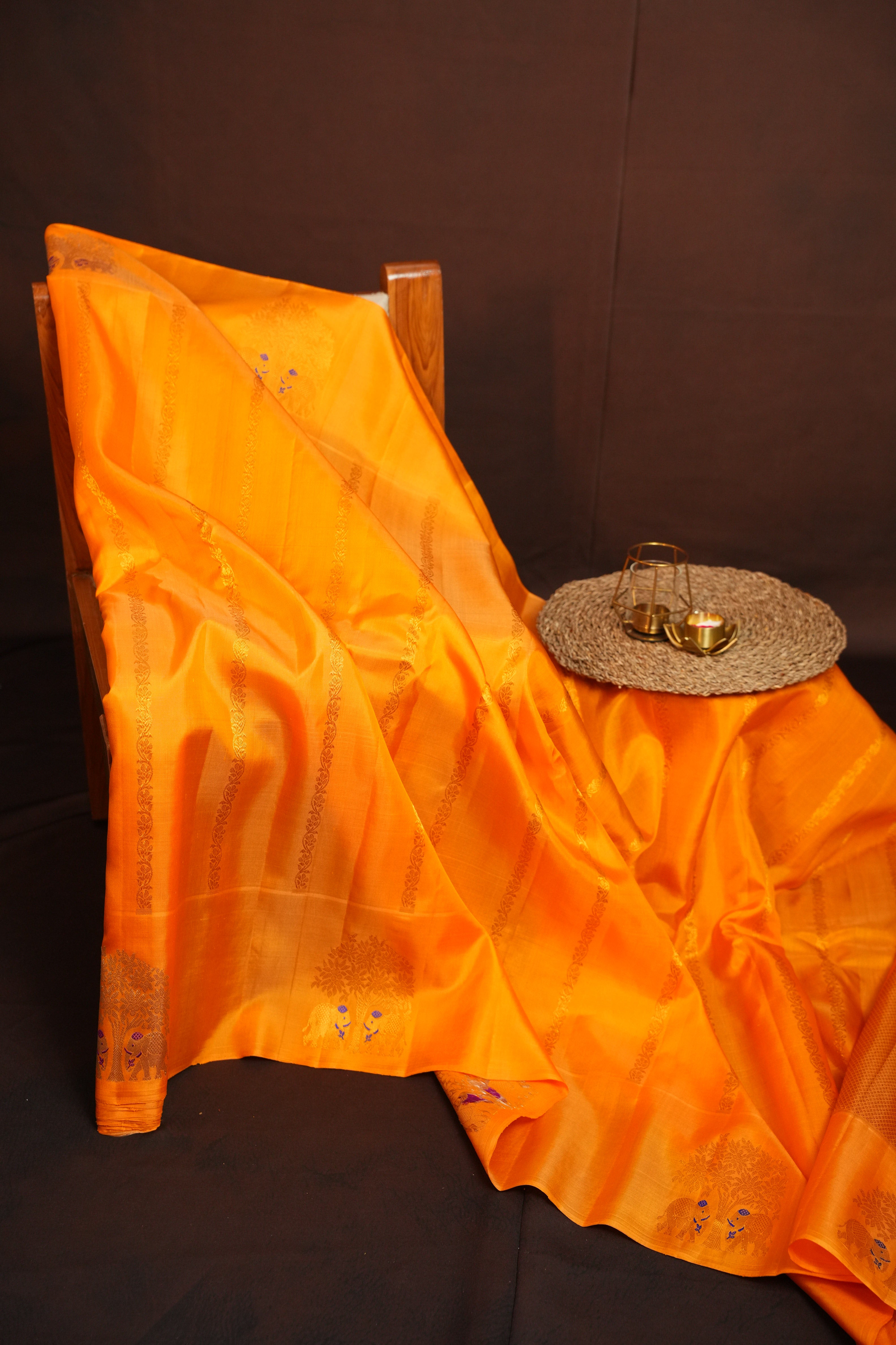 Vibrant Orange Gadwal Silk Saree with Zari Motifs | Ande Silks