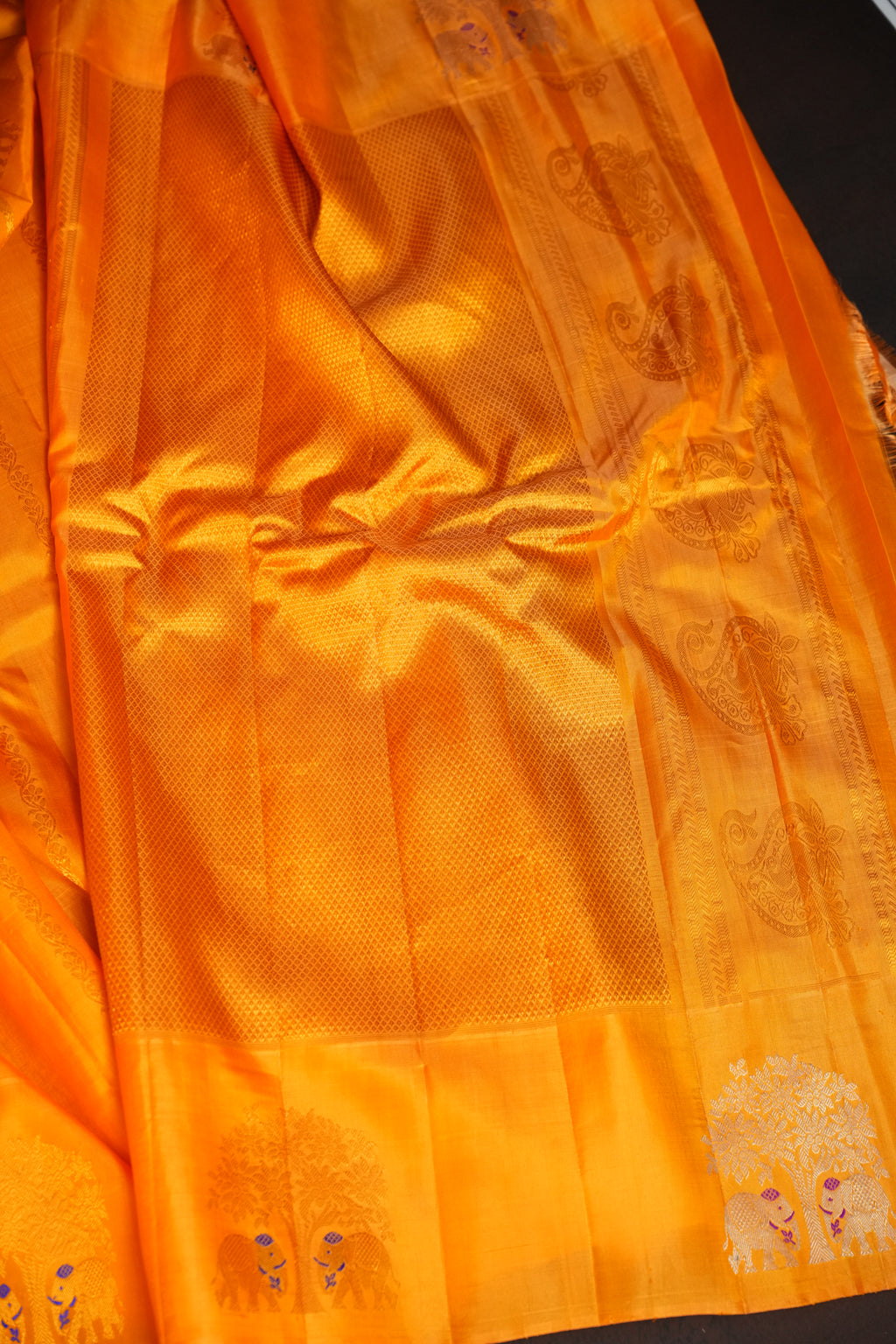 Vibrant Orange Gadwal Silk Saree with Zari Motifs | Ande Silks