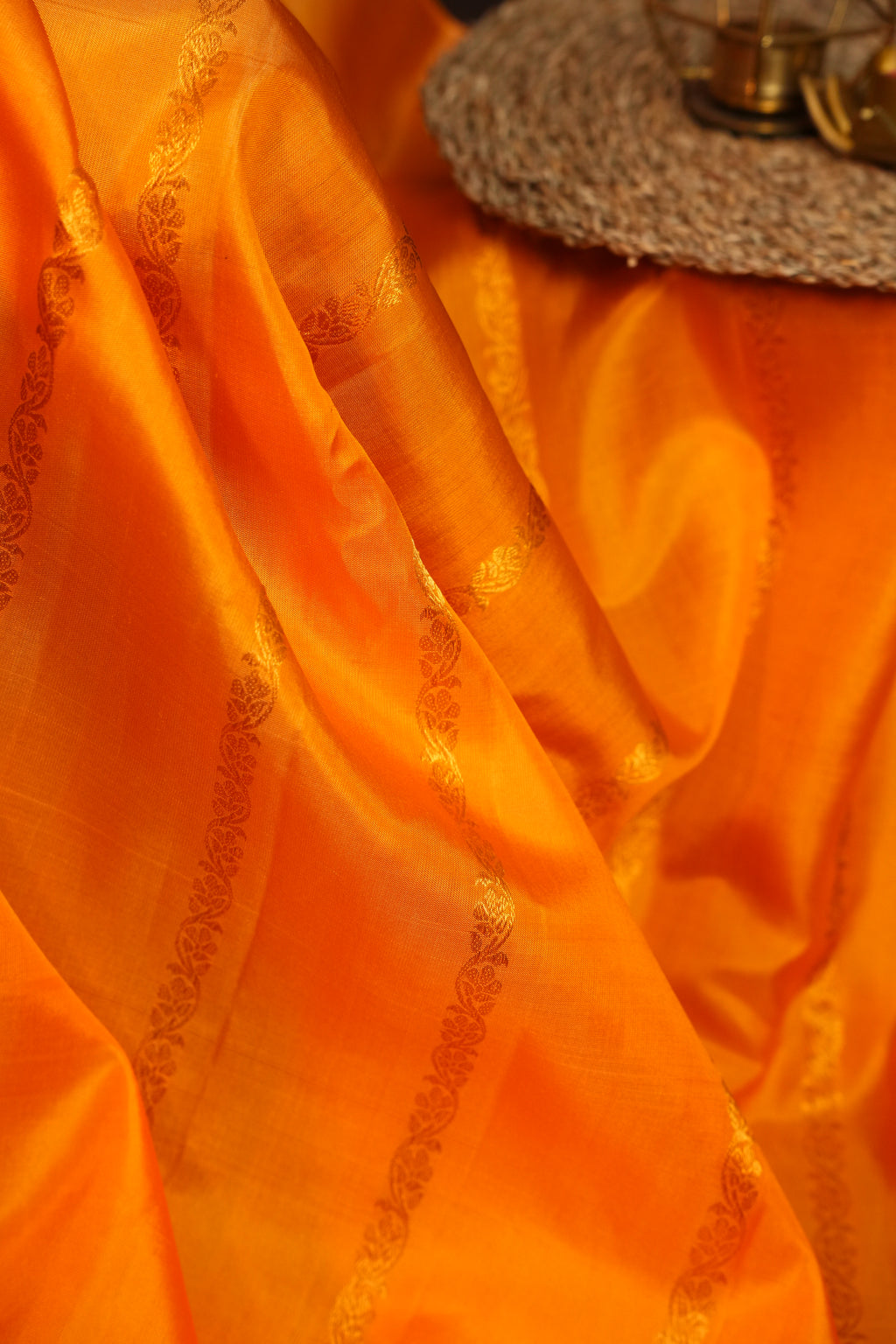 Vibrant Orange Gadwal Silk Saree with Zari Motifs | Ande Silks